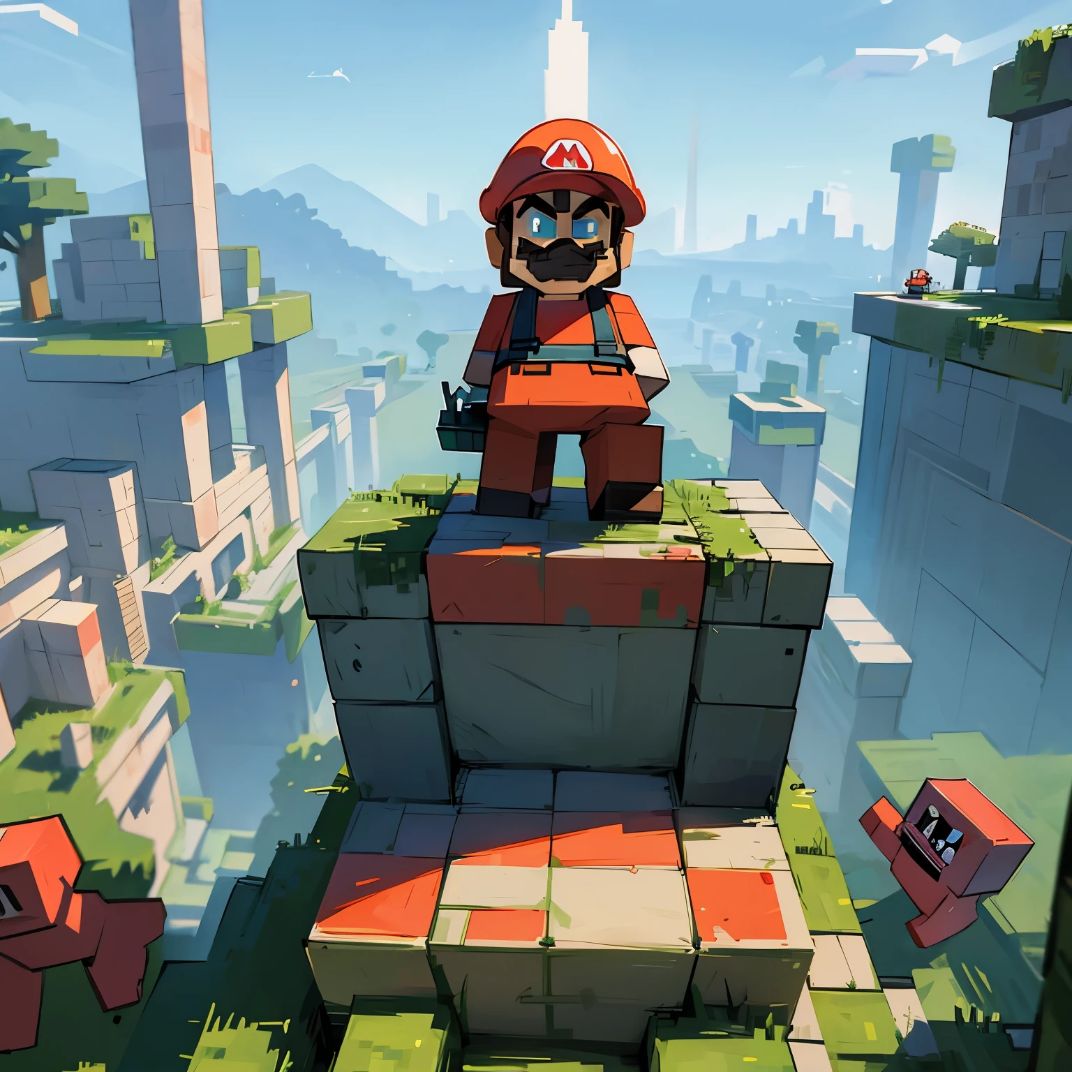 In the world of Minecraft、Super Mario is killing zombies