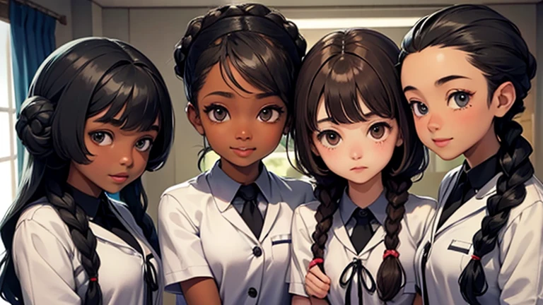 there are 4 black girls, one is wearing a braided bun, another with straight long braids, another with her natural afro, and one other with cornarrows. Theres one tan girl who just has straight black girl. Theyre in school uniform