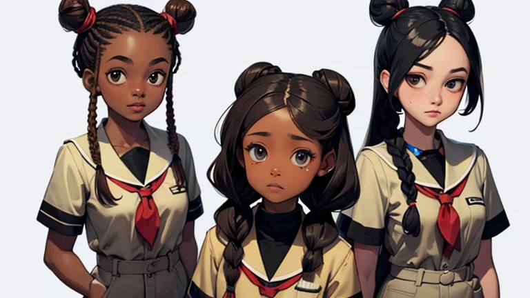 there are 4 black girls, one is wearing a braided bun, another with straight long braids, another with her natural afro, and one other with cornarrows. Theres one tan girl who just has straight black girl. Theyre in school uniform