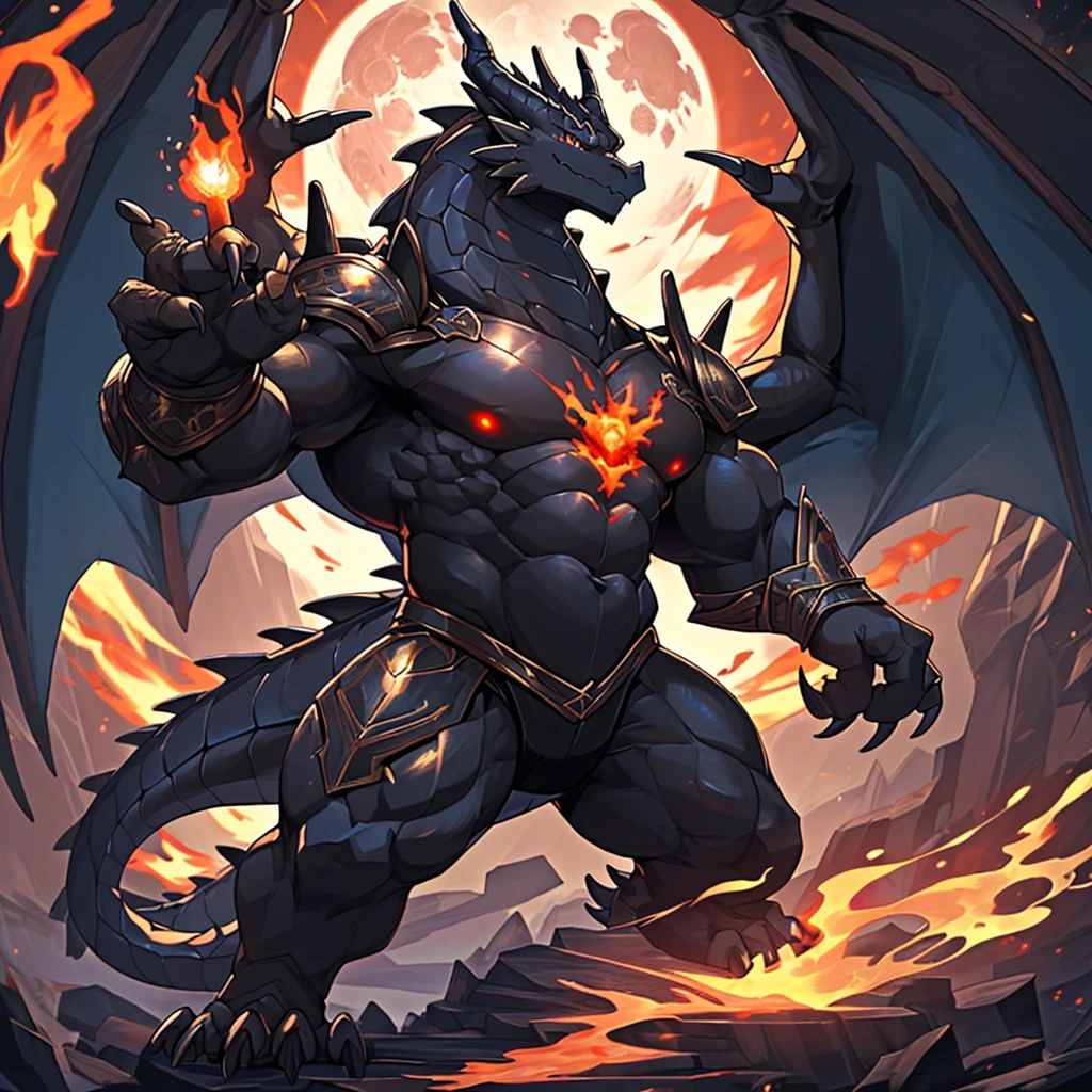 (The violent and powerful Black Dragon King,Wearing modern black and gold armor:100),(Broad dragon body,majestic wingspan,Sharp dragon claws,thick dragon tail,The huge black dragon king,Huge dragon claws:2),Strong build,(blue dragon flame:2),blood moon,Mountull body picture,Very detailed,4K HD