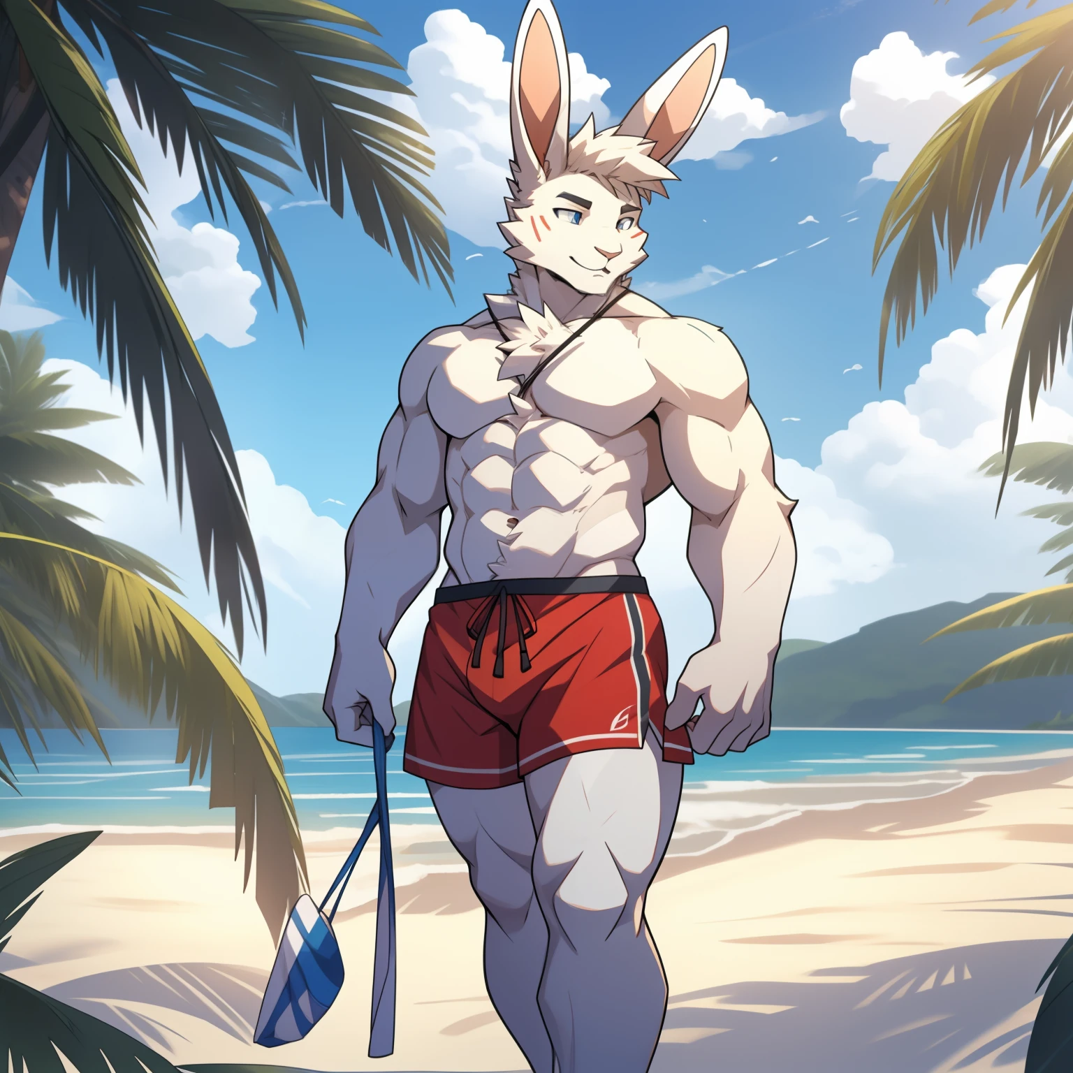 White skin，（rabbit ears），teenager，rabbit，rabbit furry，male，rabbit，white fur，White skin，whole body，naked，how，，Beachwear，