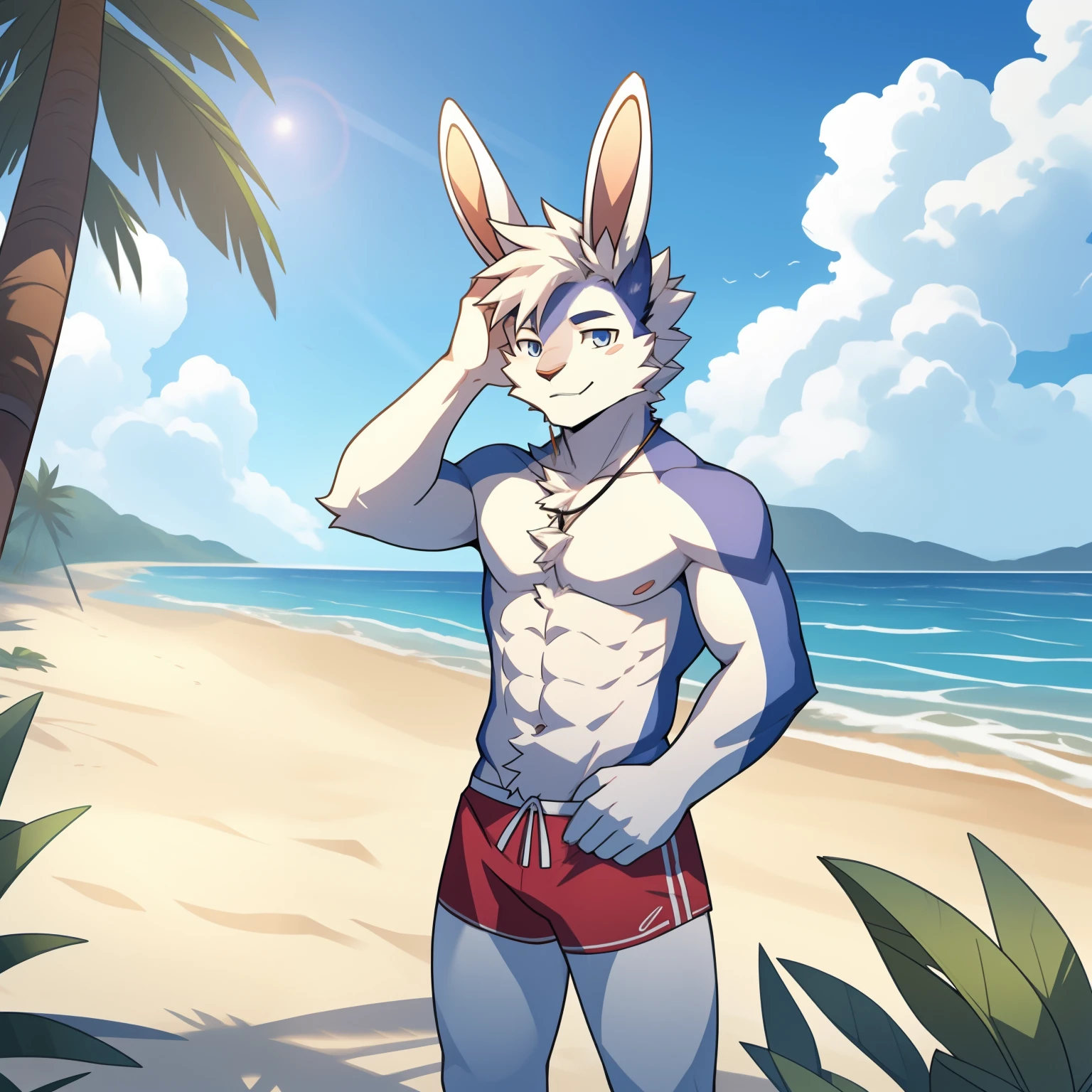 White skin，（rabbit ears），teenager，rabbit，rabbit furry，male，rabbit，white fur，White skin，whole body，naked，how，，Beachwear，