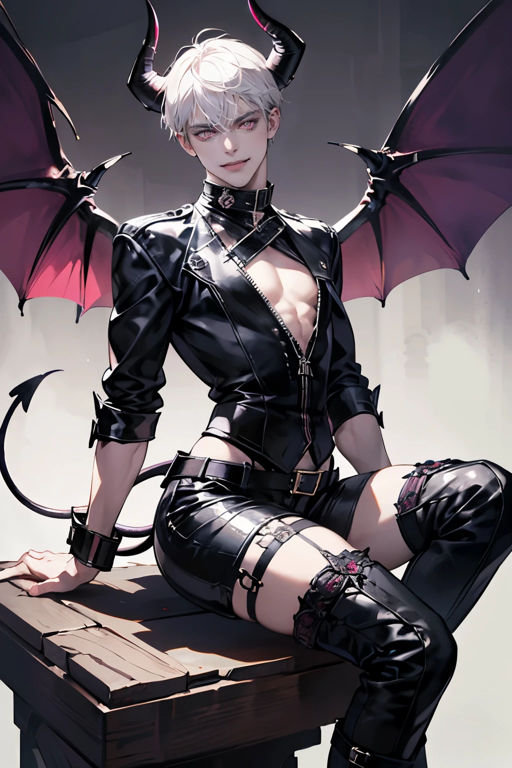 homem jovem, demon man, 20 anos de idade, Sozinho,cabelo prateado, olhos vermelhos, buzina, demon wings, demon tail, sorria, presas, torso aberto, Tatuagem, anchor, 4k, High definition, Bom detalhe