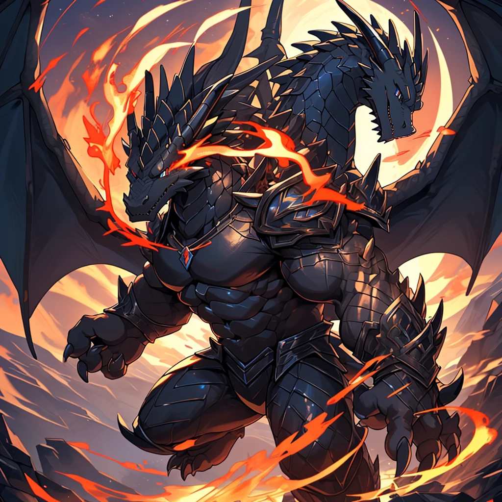 (The violent and powerful Black Dragon King，Wearing modern black and gold armor：100)，(Broad dragon body，majestic wingspan，Sharp dragon claws，thick dragon tail，The huge black dragon king，Huge dragon claws：2)，Strong build，(blue dragon flame：2)，blood moon，Mountull body picture，Very detailed，4K HD