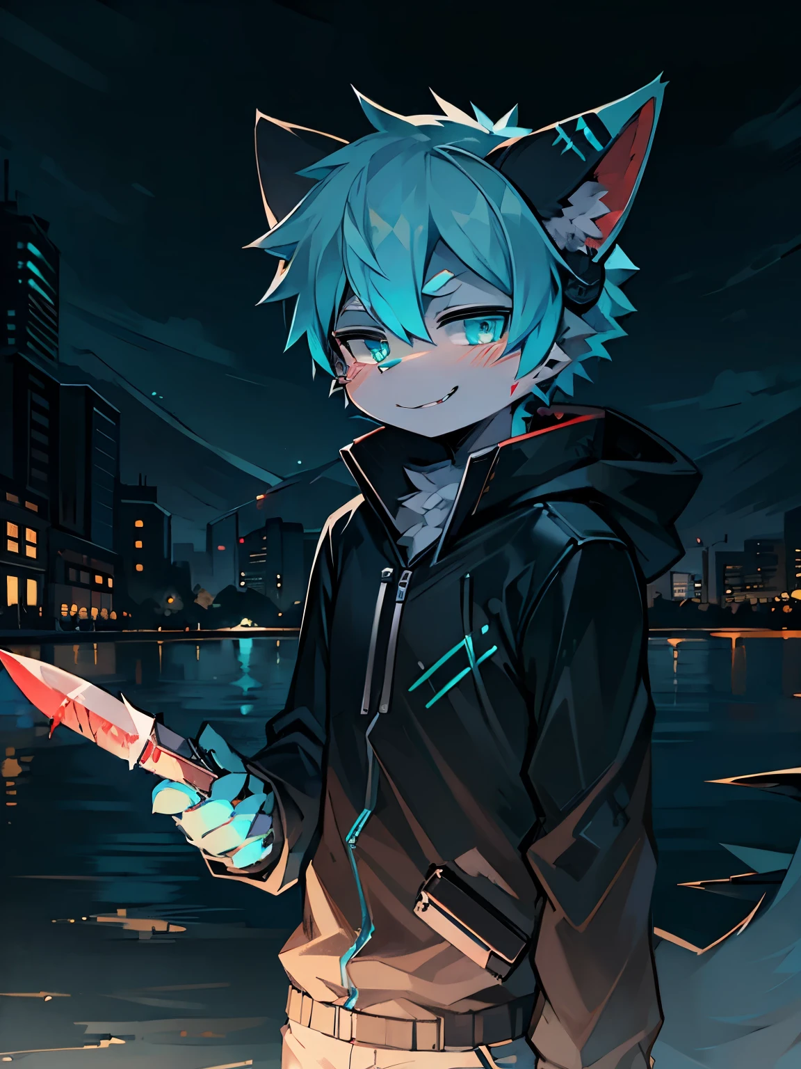 Solo, kemono, cyan hair, cyan eyes, wear black jacket, wear headphone, short height, evil smile, look at camera, grabbing the knife, savage, blood on knife, in park, lake and city background, night time, knife fogus, high details