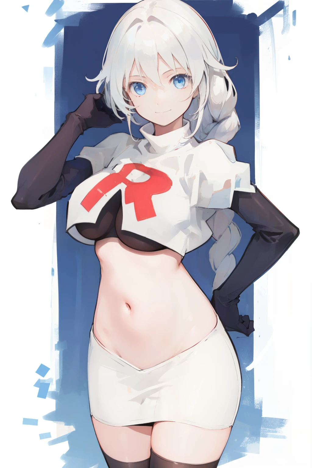 (Realistic painting style:1.1), masterpiece, best quality, absurdres, looking at viewer, solo,kallen kaslana (sixth serenade), kallen kaslana, white hair, ahoge, 1girl, solo, blue eyes, braid, looking at viewer, gloves, smile, long hair, braided ponytail, bangs, hair between eyes, (large breasts:0.8), hair ornament, single braid, team rocket,team rocket uniform,white skirt,red letter R,crop top,black thigh-highs,black elbow gloves,