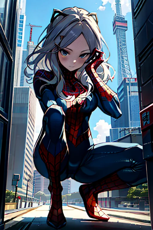 NSFW、High legsuits(muste piece, highest quality), intricate details, 8K, art station, wallpaper, official art, splash art, sharp focus, 1 girl, Hina Sorasaki, long hair, red目, gray hair, big breasts, Skins don't appear, Skintight Spiderman Suit, She is dressed in black, red, Spider-Man's suit with black theme、squat、I open my legs and feel itching、(camel toe)、High leg、Raw thighs、The cutting edge of Tokyo Skytree in the afternoon，mask off，