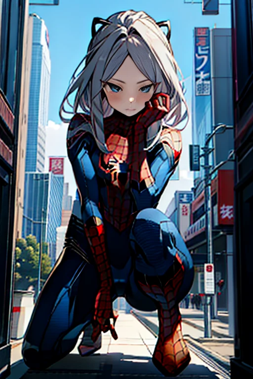 NSFW、High legsuits(muste piece, highest quality), intricate details, 8K, art station, wallpaper, official art, splash art, sharp focus, 1 girl, Hina Sorasaki, long hair, red目, gray hair, big breasts, Skins don't appear, Skintight Spiderman Suit, She is dressed in black, red, Spider-Man's suit with black theme、squat、I open my legs and feel itching、(camel toe)、High leg、Raw thighs、The cutting edge of Tokyo Skytree in the afternoon，mask off，