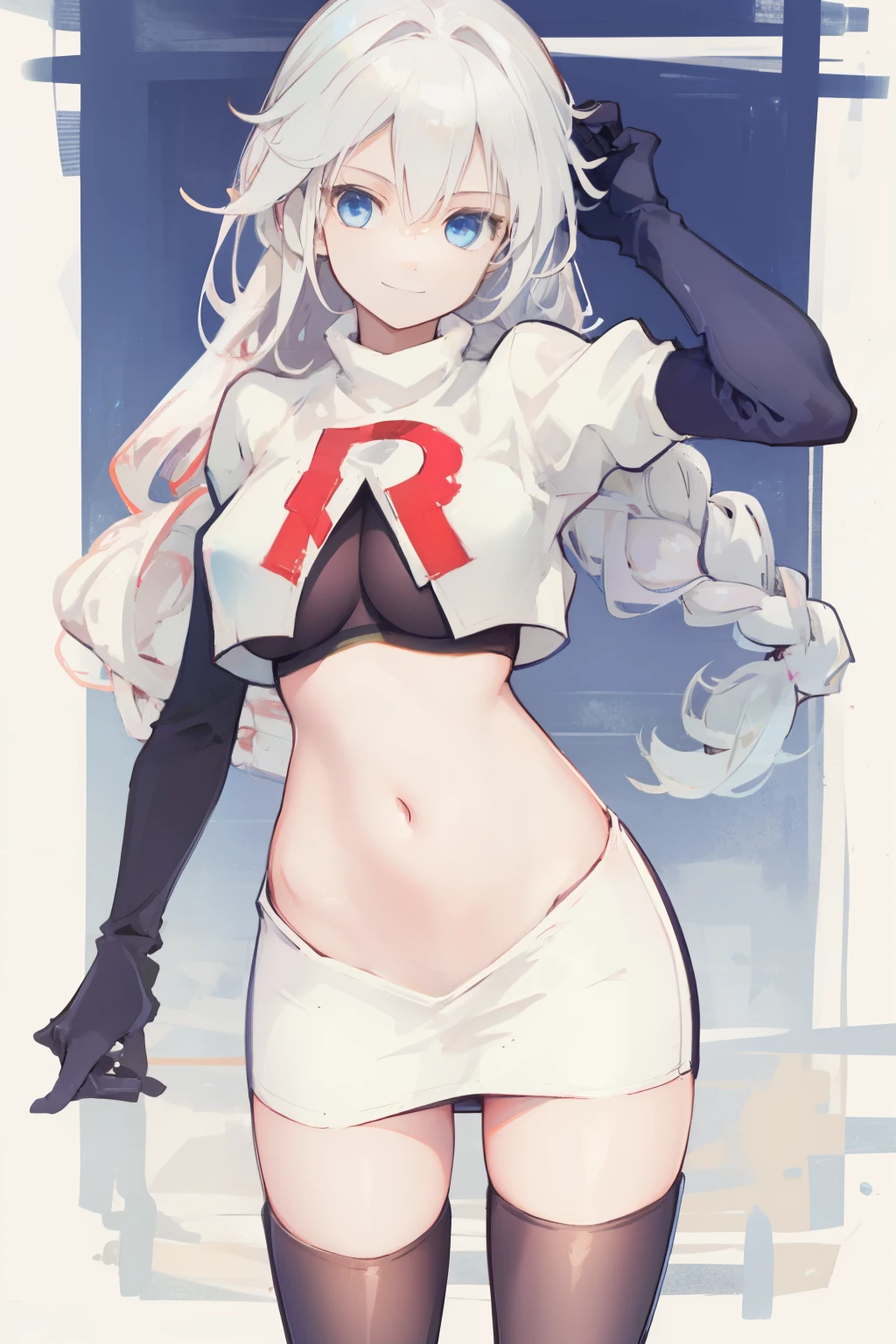 (Realistic painting style:1.1), masterpiece, best quality, absurdres, looking at viewer, solo,kallen kaslana (sixth serenade), kallen kaslana, white hair, ahoge, 1girl, solo, blue eyes, braid, looking at viewer, gloves, smile, long hair, braided ponytail, bangs, hair between eyes, (large breasts:0.8), hair ornament, single braid, team rocket,team rocket uniform,white skirt,red letter R,crop top,black thigh-highs,black elbow gloves,