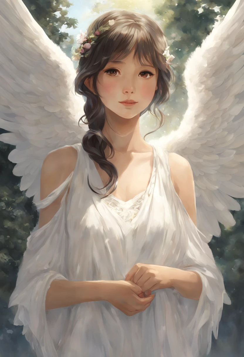 Anime style, Makoto Shinkai, portrait of class 8kk, portrait of an angelic caretaker, portrait of a young girl, portrait of a girl named Agatha, with a child in her arms, Painting of a woman with wings in a white dress holding a white dove in her hands., angelic light, angel of dawn bright, unearthly angelic creature of light, beautiful angel, angel-mentor, about a beautiful angel, an angel protecting a woman, angelic, portrait of a beautiful angel, angel, beautiful angel woman, shining angelic being, angelic, about a beautiful angel girl, a girl with angel wings