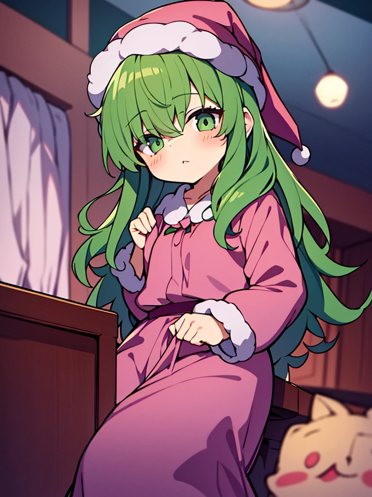 masterpiece, best quality, 1girl, girl, chilears old,a (pc-98), solo, green hair, long hair, pink nightcap, pink santa hat, green eyes, kazami yuuka, long sleeves, red ribbon, pink negligee, sleepy eyes, one piece clothing, touhou, pajamas, pink nightgown, fluffy hair, hair over one eye, wavy hair, long skirt,