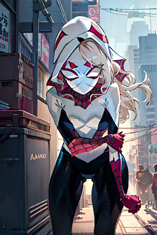 NSFW、High legsuits(muste piece, highest quality), intricate details, 8K, art station, wallpaper, official art, splash art, sharp focus, 1 girl, Hina Sorasaki, long hair, red目, gray hair, big breasts, Skins don't appear, Skintight Spiderman Suit, She is dressed in black, red, Spider-Man's suit with black theme、squat、I open my legs and feel itching、(camel toe)、High leg、Raw thighs、The cutting edge of Tokyo Skytree in the afternoon，mask off，