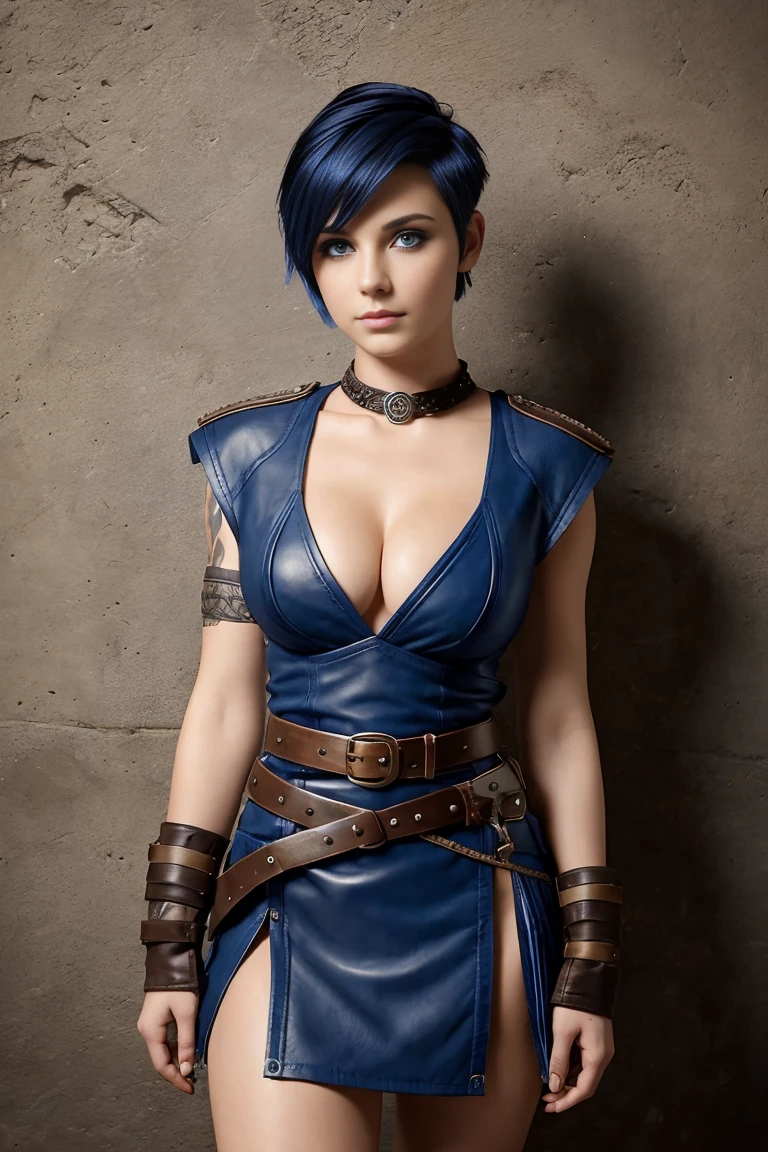 25 year old woman with short pixie undercut indigo hair dressed in a viking outfit with leather miniskirt, cleavage, belt. Blue eyes with eye liner. Neutral background