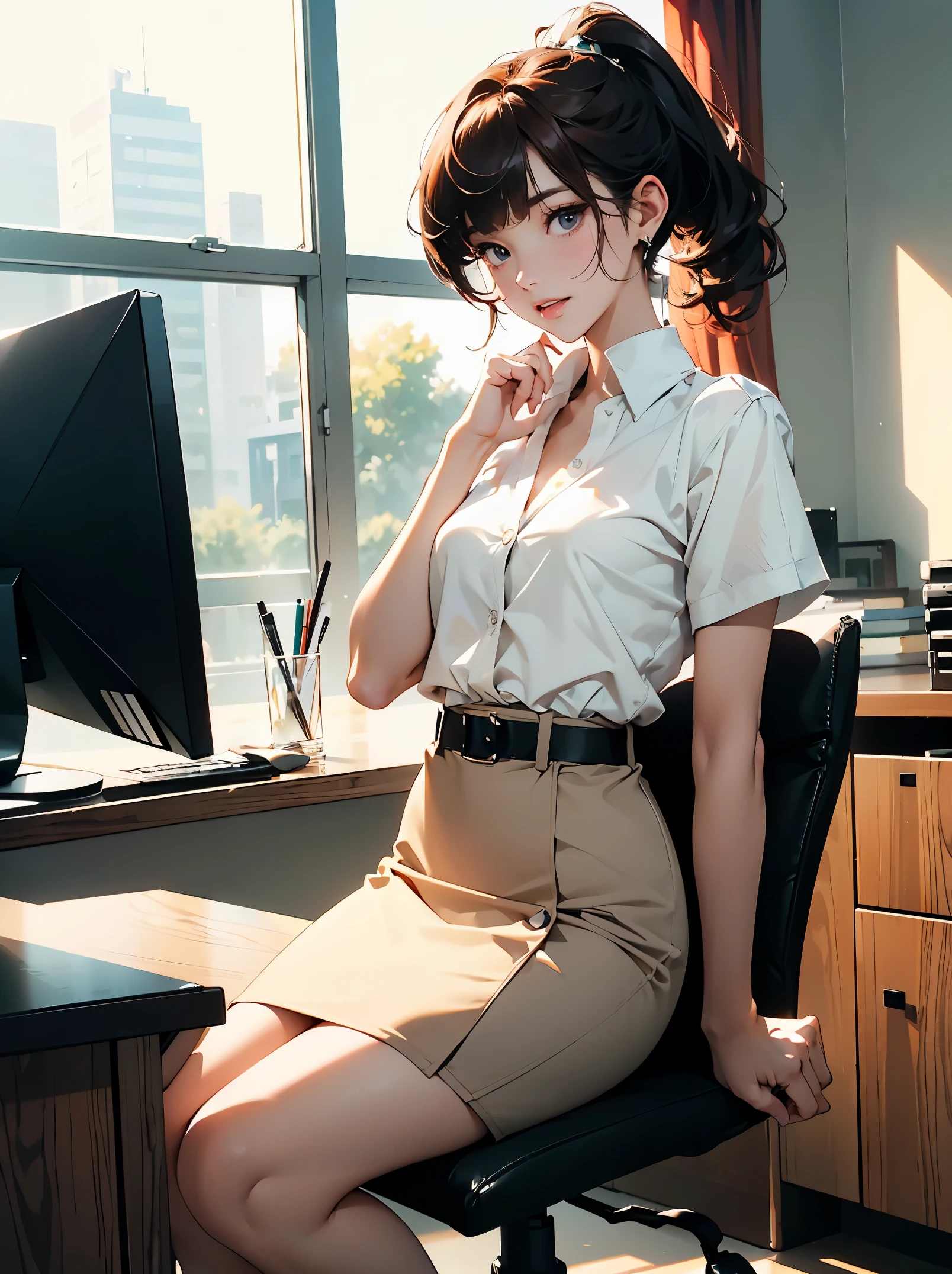 masterpiece、high resolution 8k、????、Colorful light lighting、sharp focus、fine skin、table top、 highest quality、Ultra - High resolution、Super high resolution、Highly detailed CG、theme,full body shot、office room、many large monitors、Computer on desk、transaction、document、stock、chart screen、Female OL、woman is sitting on a chair、beautiful black eyes、(Detailed face and iace:1 2)、Clean pupils、almond eye)、(reddish brown hair、Medium short ponytail、high top fade:1.3、asymmetrical bangs)、(id card strap)、(Blazer for office wear shortage、white cutter shirt、black pencil skirt、pumps)、(gross、glossy lips、small ????? size) 、(oval face : 1.4)、(thin fingers、fine arms、detailed human hand)、laughter、open your mouth、teeth visible