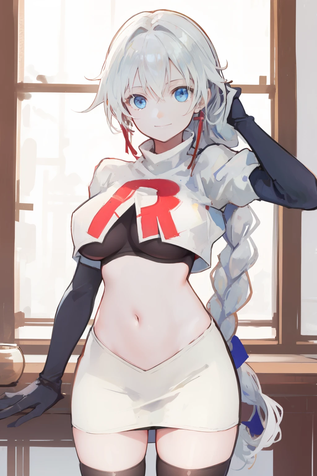 (Realistic painting style:1.1), masterpiece, best quality, absurdres, looking at viewer, solo,kallen kaslana (sixth serenade), kallen kaslana, white hair, ahoge, 1girl, solo, blue eyes, braid, looking at viewer, gloves, smile, long hair, braided ponytail, bangs, hair between eyes, (large breasts:0.8), hair ornament, single braid, team rocket,team rocket uniform,white skirt,red letter R,crop top,black thigh-highs,black elbow gloves,