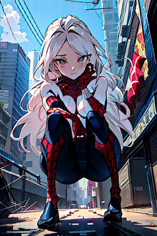 NSFW、High legsuits(muste piece, highest quality), intricate details, 8K, art station, wallpaper, official art, splash art, sharp focus, 1 girl, Hina Sorasaki, long hair, red目, gray hair, big breasts, Skins don't appear, Skintight Spiderman Suit, She is dressed in black, red, Spider-Man's suit with black theme、squat、I open my legs and feel itching、(camel toe)、High leg、Raw thighs、The cutting edge of Tokyo Skytree in the afternoon，mask off，