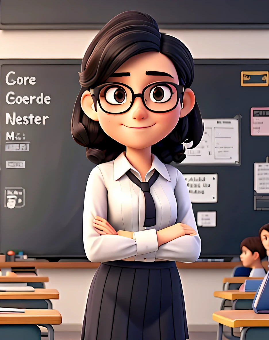 A beautiful teacher with glasses in front of a blackboard