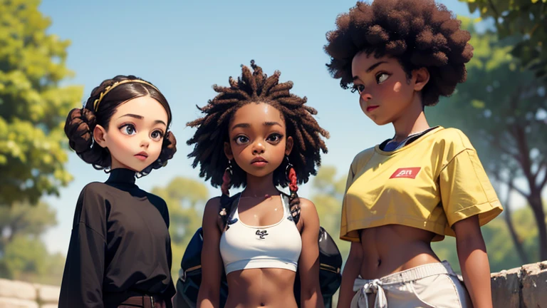 There are 3 black girls, black girl number 1  wearing goddess braids in a bun up, black girl number 2  wearing goddess braids down, theres a black girl who has a hijab, theres another black girl with a natural small afro. Theres a tan girl who has straight brown hair.