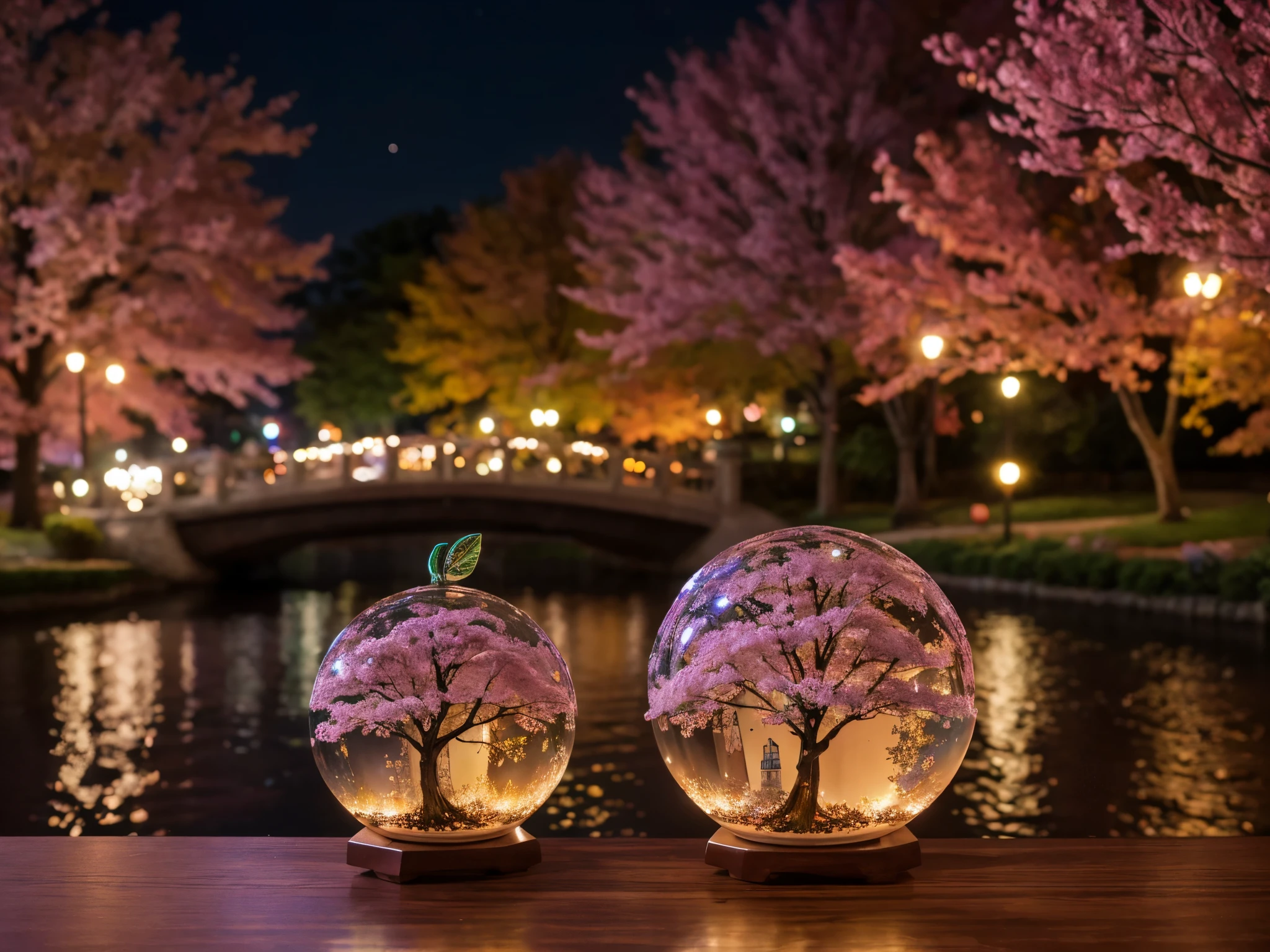 there a glass Apple sculpture, concealed inside is a picture of a beautiful Japanese landscape inside of it with pink trees and falling leaves,  in the dark, detailed image, 8k, 8k high quality detailed art, the moon, perfect sphere, amazing wallpaper, digital painting highly detailed, 8 k hd detailed oil painting, beautiful art uhd 4 k, focus on glass apple, close up, bokeh, unfocused counter top background