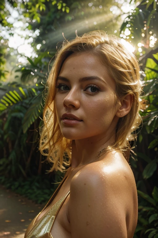 An epic wallpaper of beautiful super close-up shot of a beautiful sexy blondy woman in a street in the middle of a rainforest, spring season, morning steam, mist, sunset, sundisc, golden hour, dramatic lighting, hyperrealistic digital art, trending on artstation, intrincate, high detailing, FOV