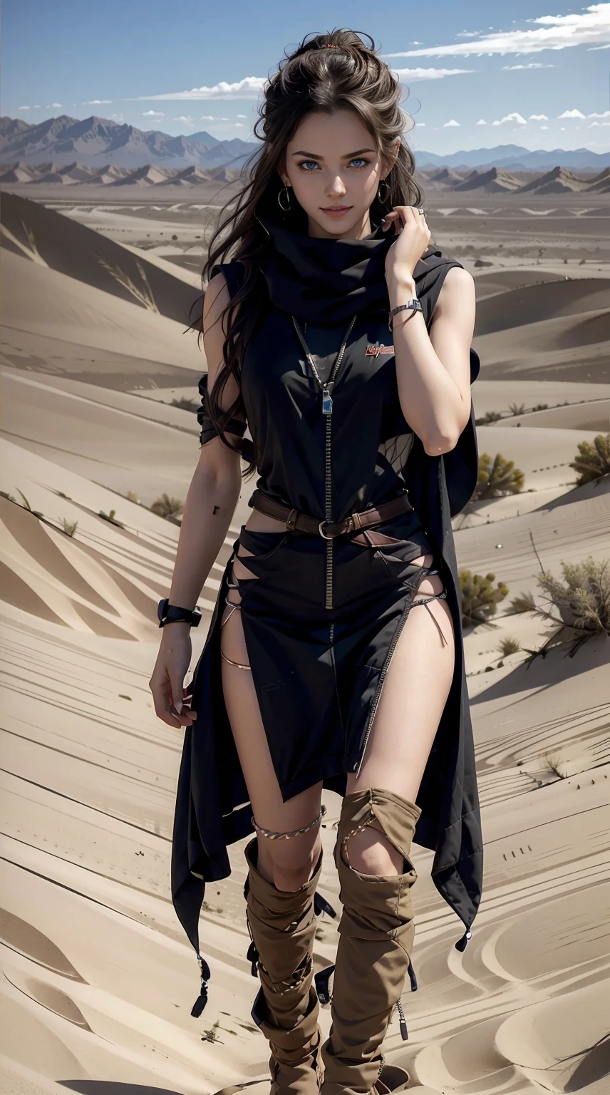 22 year old white female、Hair color is brunette、blue eyes、long hair、The ends of the hair are wavy、accessories on wrist、wearing a necklace、has earrings、skin is smooth、Slender but muscular body、smile、Wearing a sleeveless black high-neck zipper-up top、wearing skinny jeans、He wears a cloak that covers his entire body.、The hood is pulled over the eyes、wearing a mesh scarf、I&#39;m on top of a small sand dune in the desert