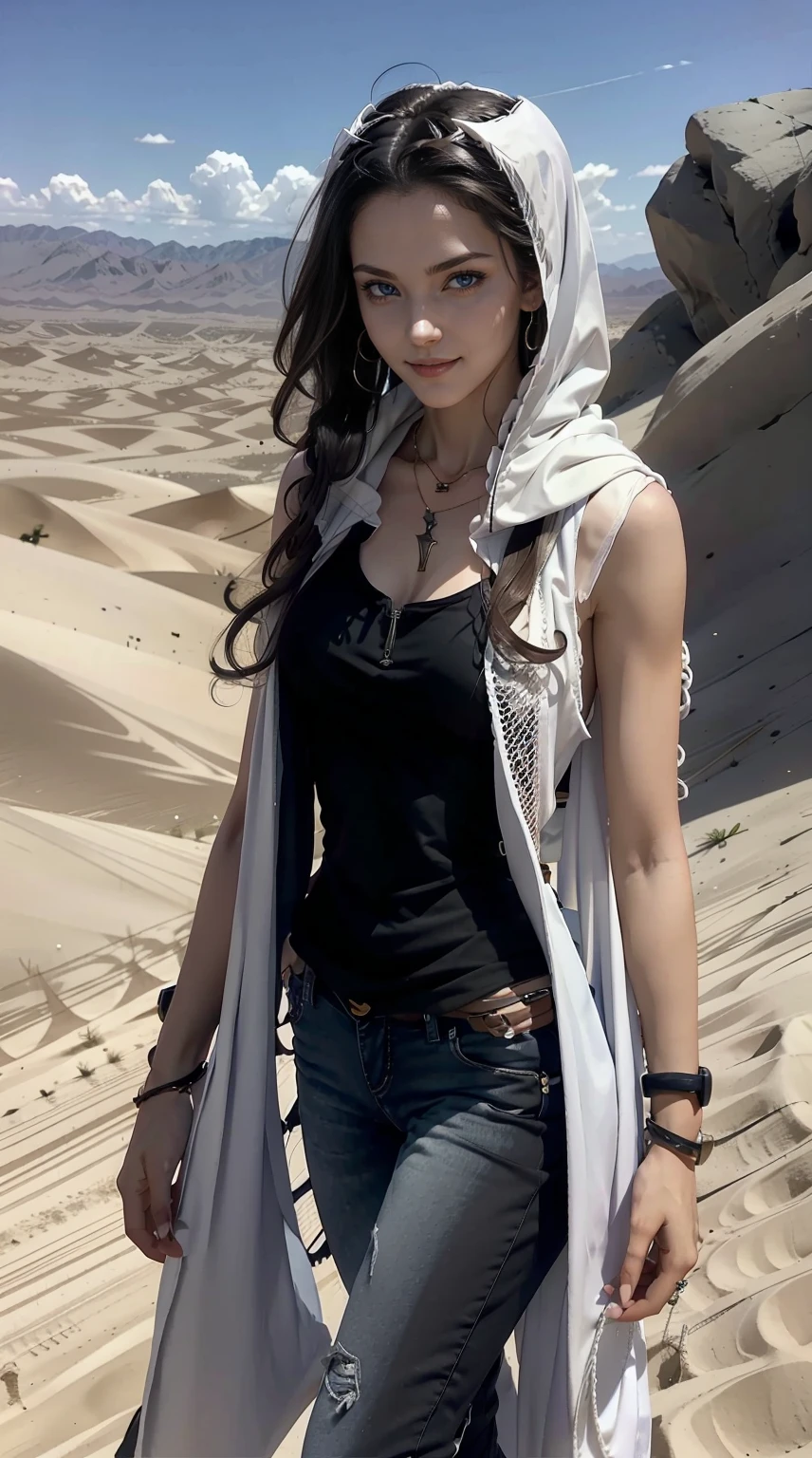 22 year old white female、Hair color is brunette、blue eyes、long hair、The ends of the hair are wavy、accessories on wrist、wearing a necklace、has earrings、skin is smooth、Slender but muscular body、smile、Wearing a sleeveless black high-neck zipper-up top、wearing skinny jeans、He wears a cloak that covers his entire body to avoid direct sunlight.、The hood is pulled over the eyes、wearing a mesh scarf、I'm on top of a small sand dune in the desert