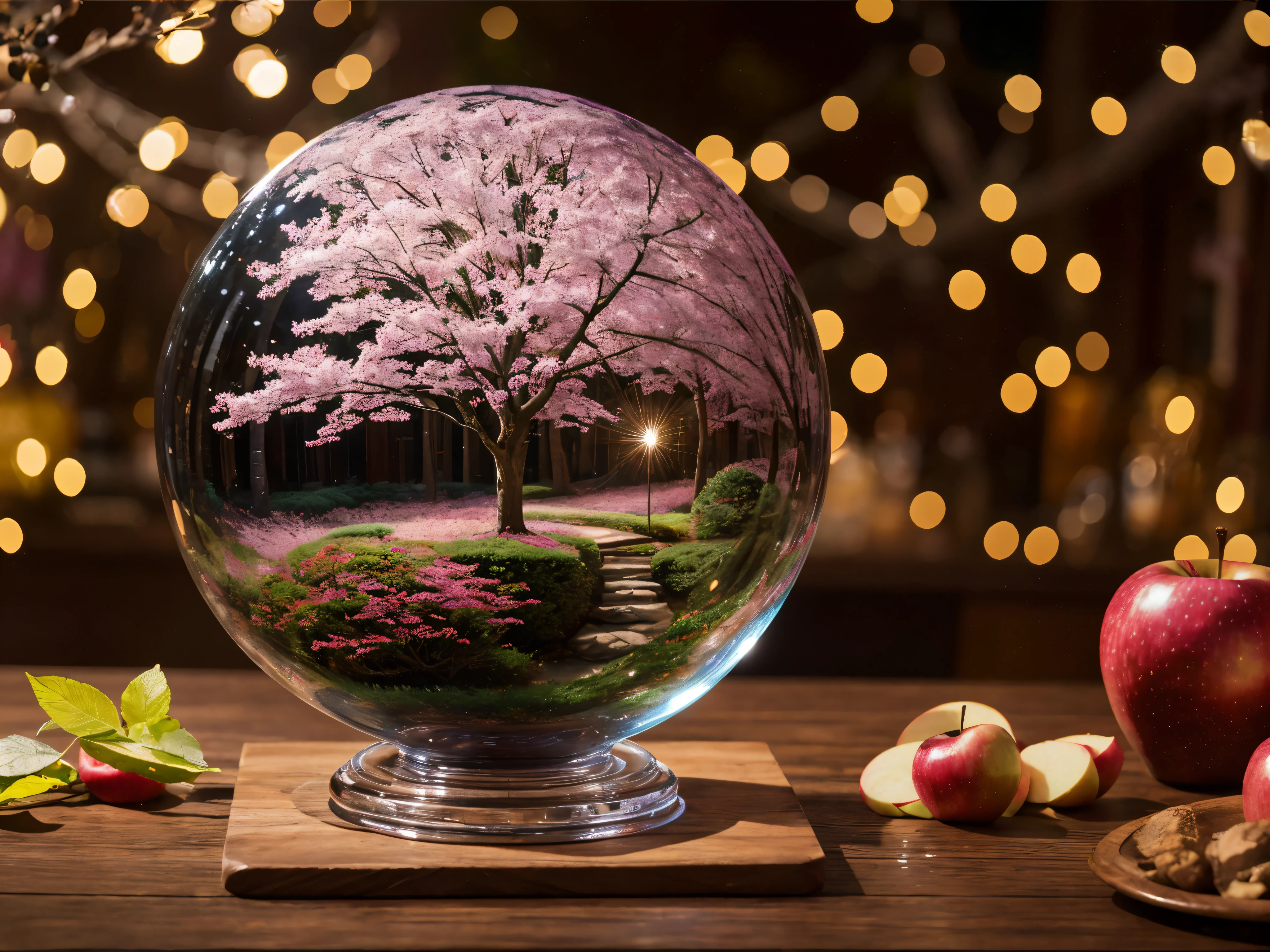 there a glass Apple sculpture, concealed inside is a picture of a beautiful Japanese landscape inside of it with pink trees and falling leaves, in the dark, detailed image, 8k, 8k high quality detailed art, the moon, perfect sphere, amazing wallpaper, digital painting highly detailed, 8 k hd detailed oil painting, beautiful art uhd 4 k, focus on glass apple, close up, bokeh, unfocused counter top background