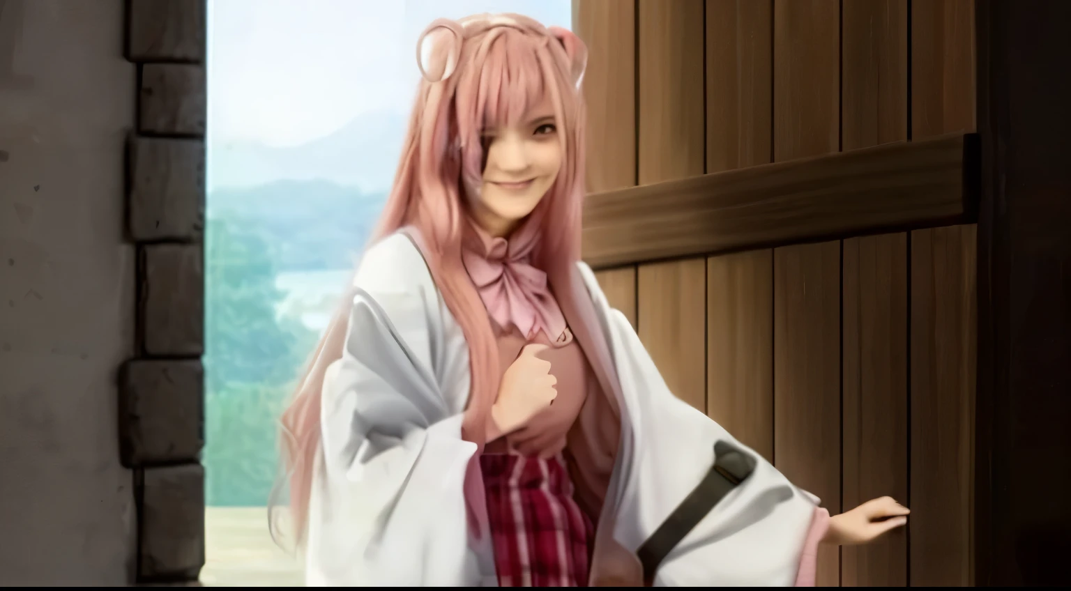 realistic, 1girl, pink hair, short skirt, face cute,sweet smile .