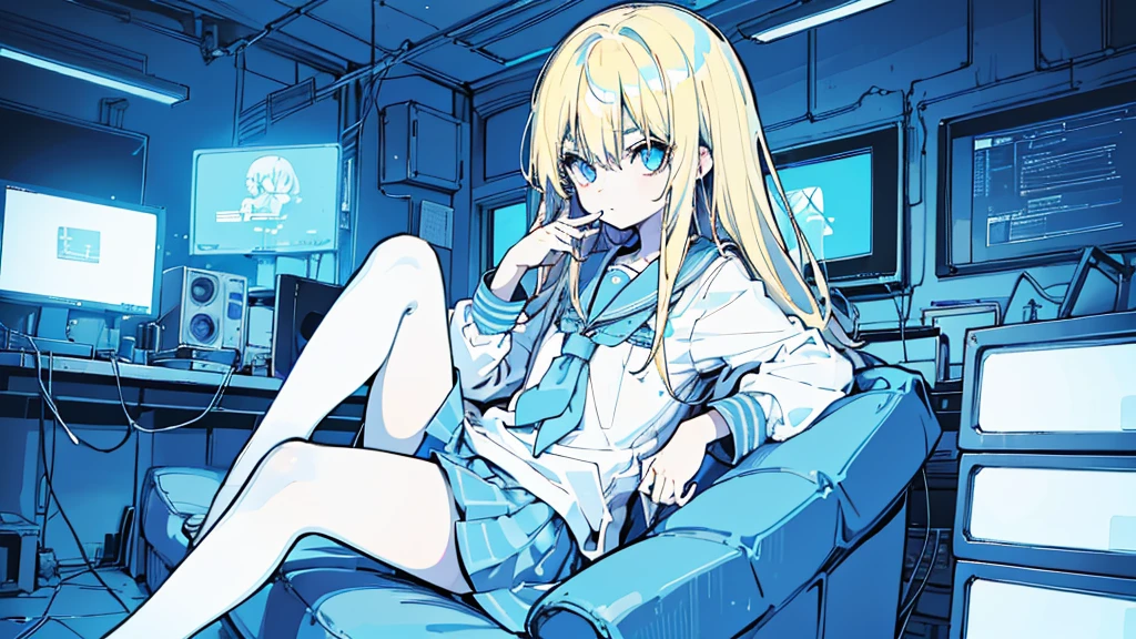 (1 girl, blonde hair, blue eyes, slovenly school uniform, sitting on the sofa, kawaii), (blue cyberpunk, old room with lots of monitors, blue neon), (low contrast, flat color, limited palette)