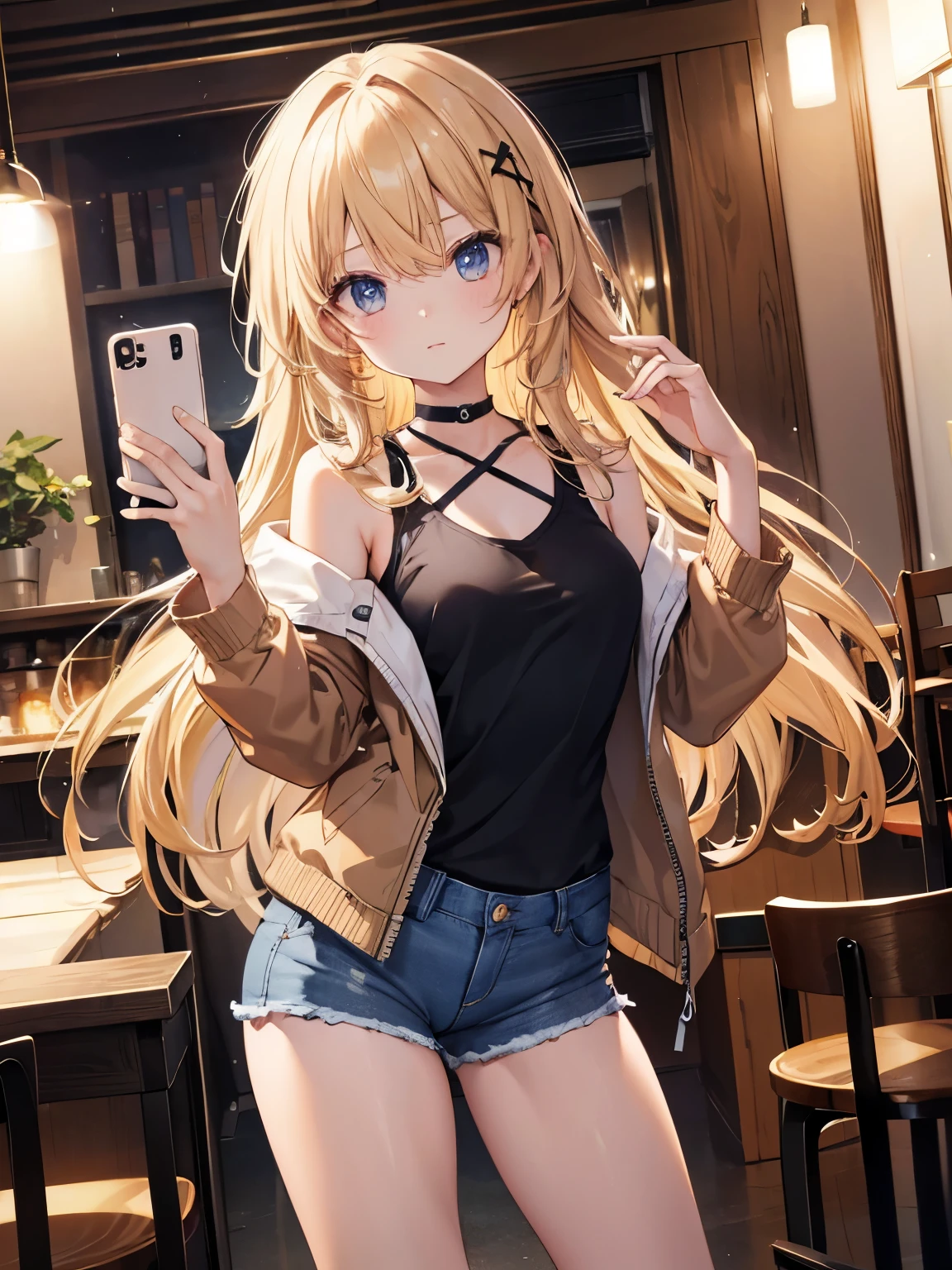masterpiece, Highest quality, beautiful, high resolution, perfect anatomy, Beautiful bright flaxen hair、Beautiful eyes、Longhaire、Tank tops、denim shortpants、a choker、 black pantyhose, brown jacket, selfie style、selfee、piece、piece sign、 8K、a beauty girl、 Nice、 Beautiful hair、 Beautiful eyes、 Beautiful skin、Beautiful legs、Beautiful arms、Perfect fingers、 Very cute、 Very kawaii