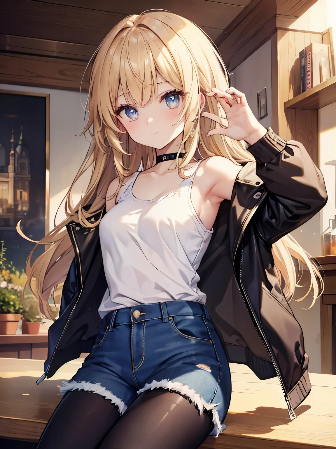 masterpiece, Highest quality, beautiful, high resolution, perfect anatomy, Beautiful bright flaxen hair、Beautiful eyes、Longhaire、Tank tops、denim shortpants、a choker、 black pantyhose, brown jacket, selfie style、selfee、piece、piece sign、 8K、a beauty girl、 Nice、 Beautiful hair、 Beautiful eyes、 Beautiful skin、Beautiful legs、Beautiful arms、Perfect fingers、 Very cute、 Very kawaii