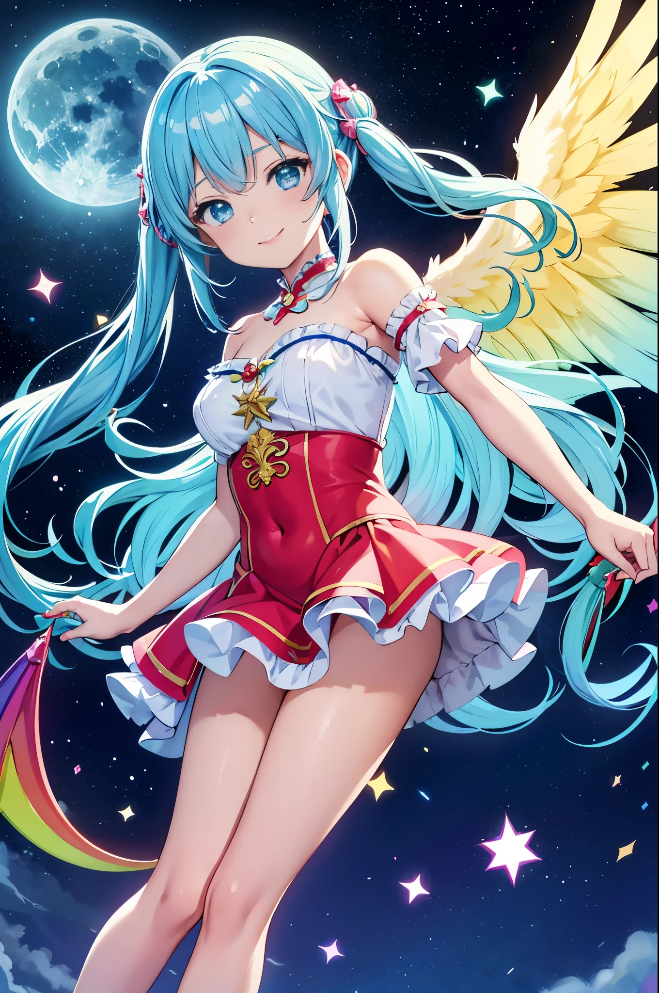 dragon and super idol　beautiful girl　charming smile　sky blue hair　long hair　twin tails　white and red、blue and yellow、green、pink、Frilly leotard costume&#39;never seen before、looking at camera　The angel has large rainbow-colored angel wings.、fantasy　constellation　moon　Crystal Brilliance　aurora in the night sky