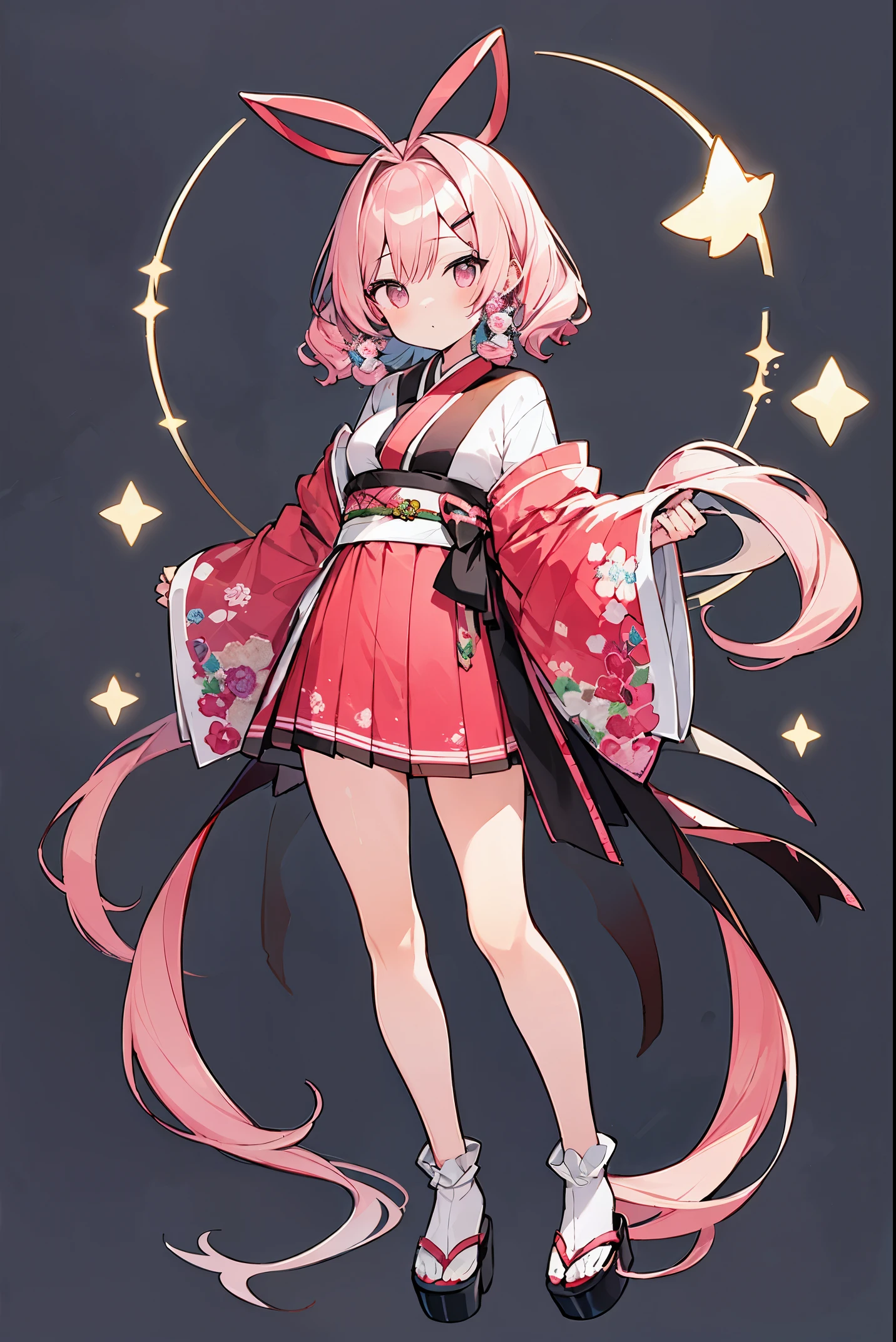 (High quality)、A girl about 、pink hair、loose wave perm、short bob、whole body、full body、mini skirt、Upper body kimono、cute、trendy design、8K、Standing picture、simple background、