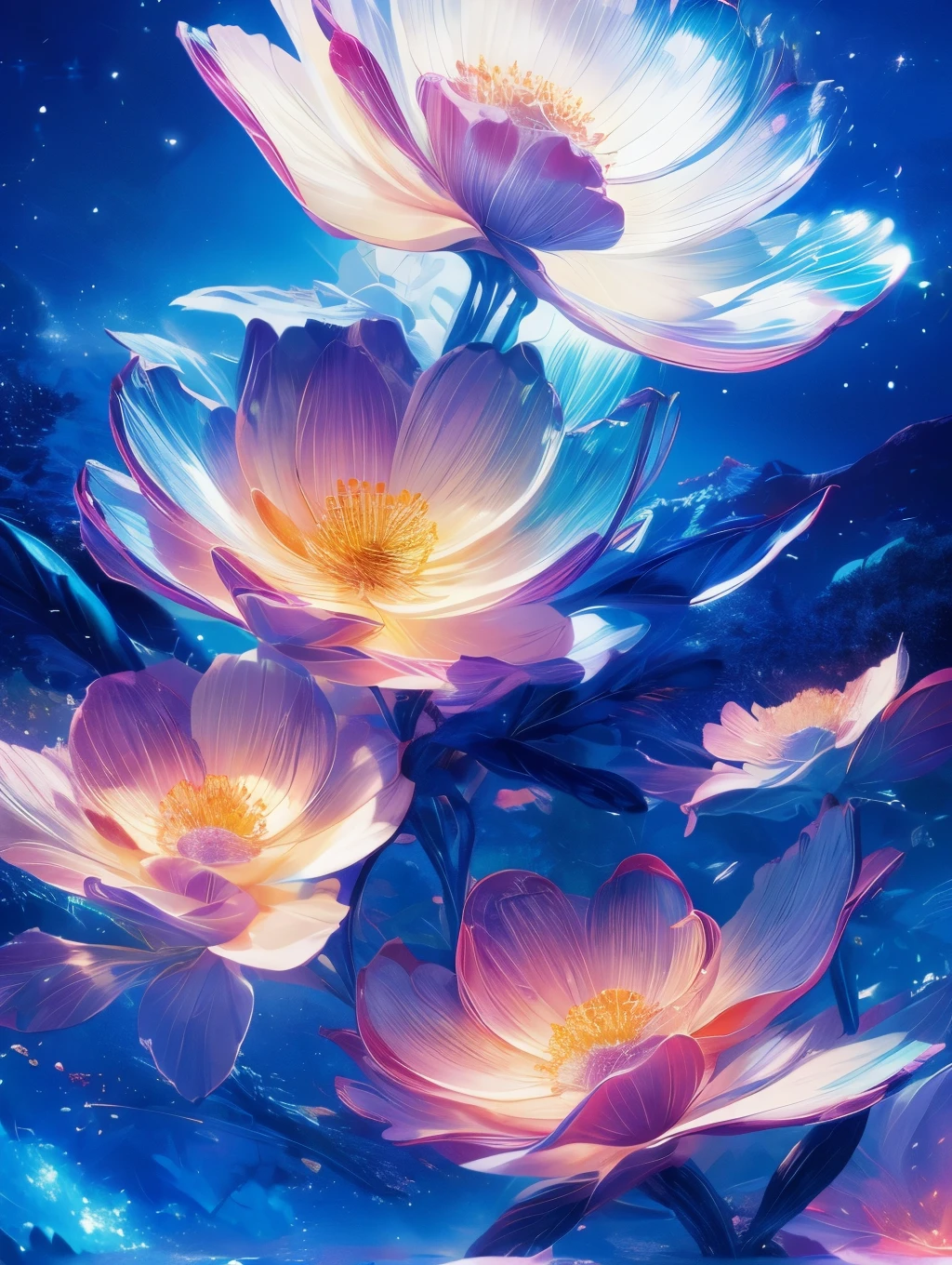 beautiful gradation, night sky full of shining stars, bright colors of the moon and stars, smooth and shiny texture, Combination of warm and cool colors, and a fantastic atmosphere.