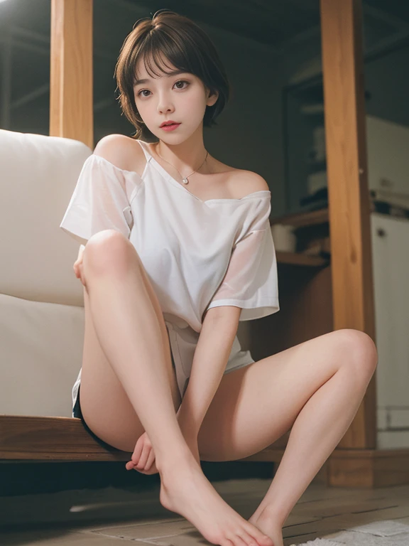 best quality， masterpiece， ultra high resolution， （realistically：1.5）， RAW photos，  Shoulder， in the dark night， deep shadow， low pitch， cold light， look， Short hair details，1 girl，White short socare chest，Bad milk，No shoes，legs are open，Big shot pose