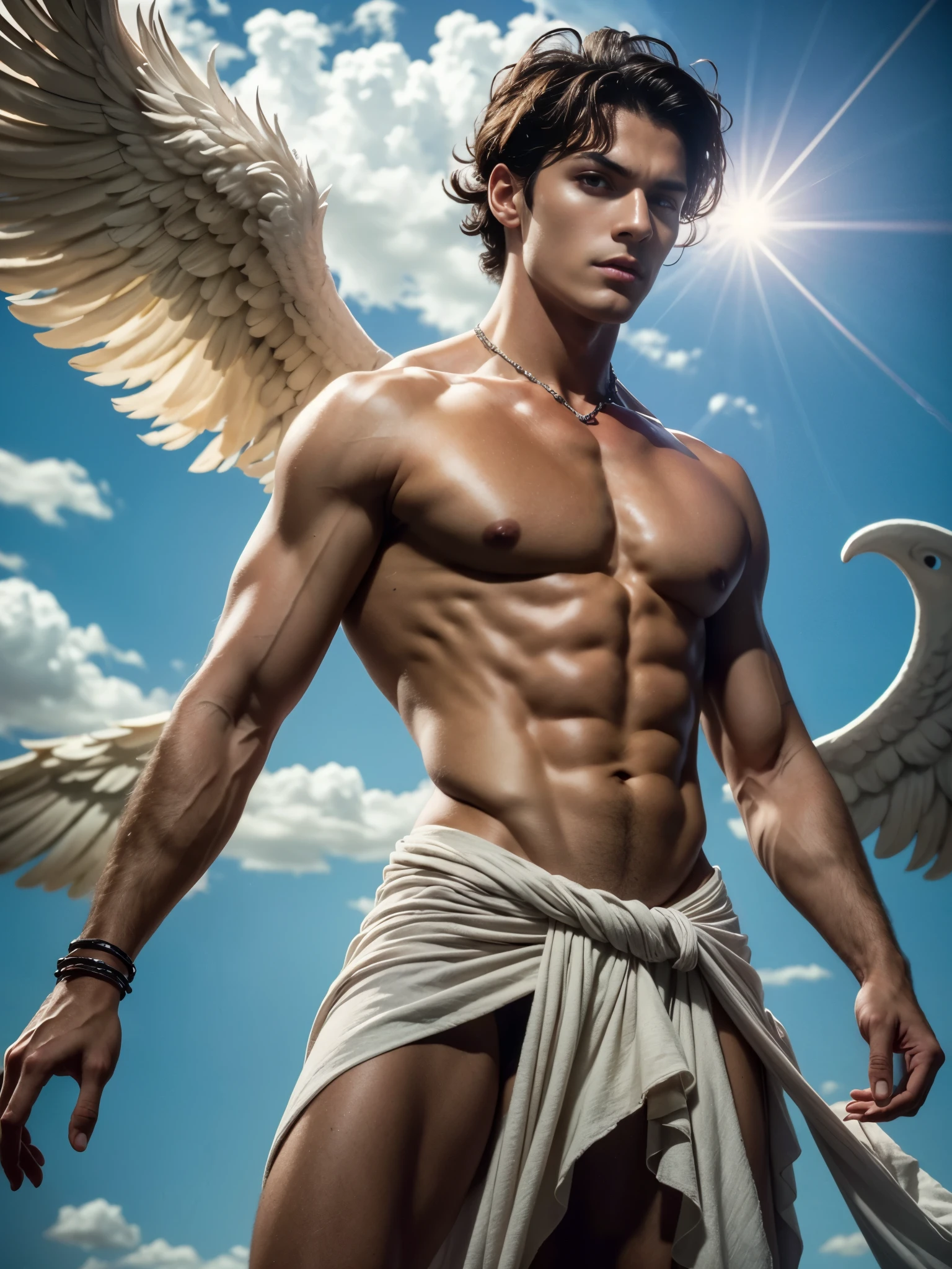 -((masterpiece)),((best quality)),8k, high detailed, ultra-detailed, Stylish Pose, real skin texture, dark cinematic lighting, 21 year-old Italian male model, barechested, shirtless, handsome italian, cute looking, divine look, powerful light greeneyes, hermes god, messanger of the gods, venus god, godly, white pale skin, roman god physic, short brown-redish hair, dry redhead hair, short hair, red messy hair, strong jawline, masculine, muscular, defined fit body, hairless chest, shirtless, pantless, sinister aesthetic, sky, arm bracelet, white huge massive angel wings, clouds, epic clouds, flying in the sky, flying, in the middle of the clouds floating, leviating, barelegged, barechest, barefoot, white antique linen spartan loincloth, white linen antique draped cloth skirt, white fabric ,,,, backlight, cinematic lighting, Depth of field, award-winning photography, elegant, hyperrealistic, octane render, unreal, high definition, 8k resolution, highly detailed, 8k uhd, professional lighting, photon mapping, radiosity, physically-based rendering