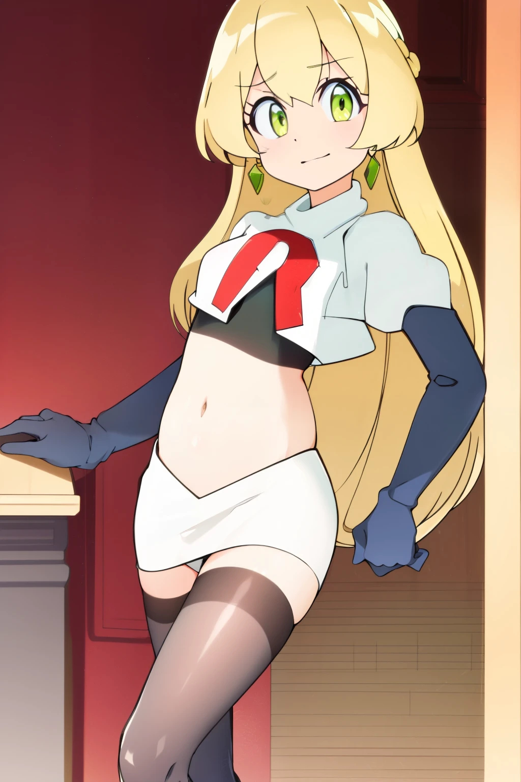 teleasterpiece), best quality, earrings, jewelry, blonde hair, long hair, green eyes, 1girl, looking at viewer, solo, bangs, petite, team rocket,team rocket uniform,white skirt,red letter R,crop top,black thigh-highs,black elbow gloves,