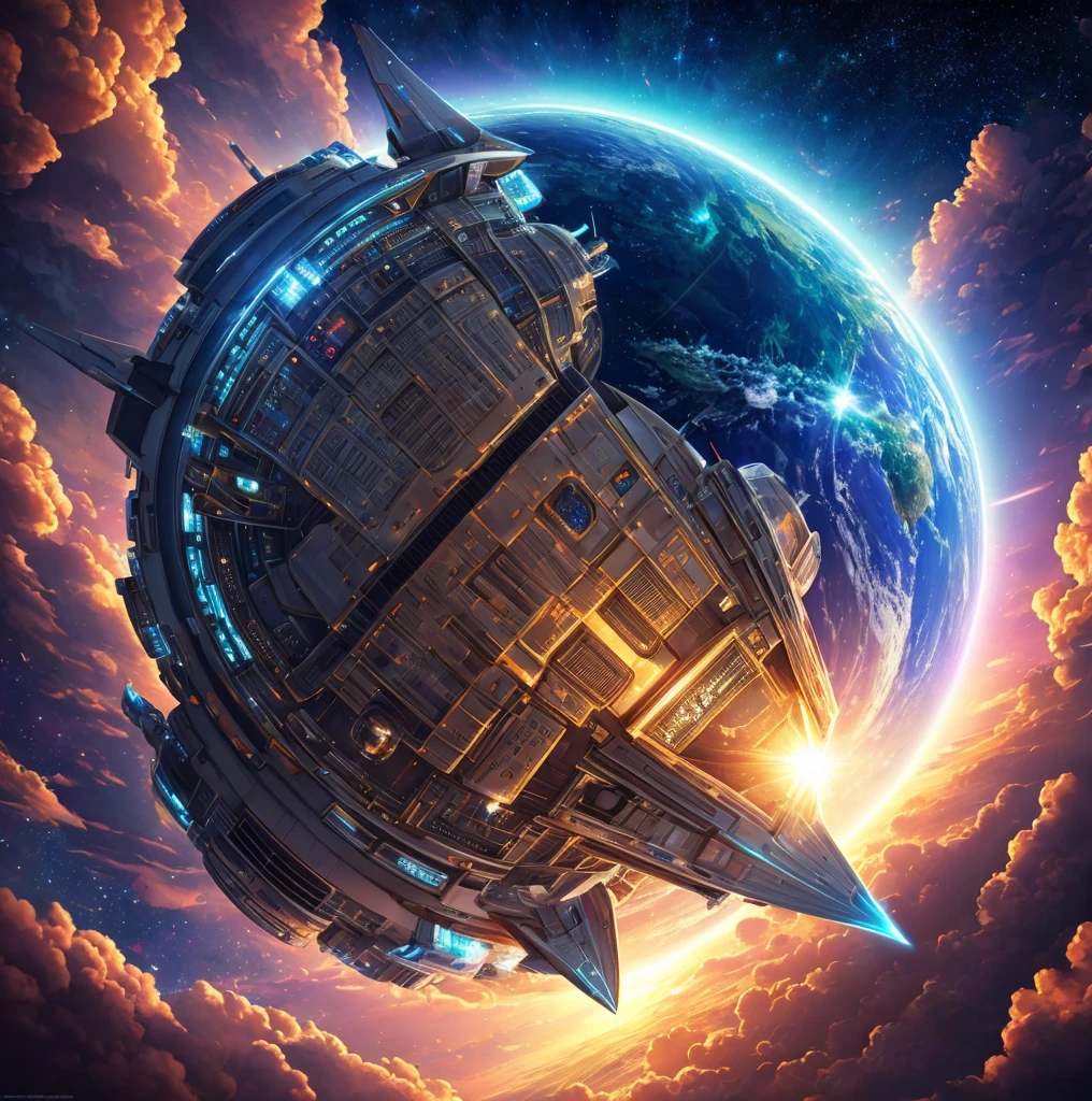 masterpiece,Highest image quality,Super detailest quality ,extremely delicate and beautiful, Very detailed,best quality, official art, Extremely detailed CG unified 8k wallpaper, The most beautiful look,(detailed lighting:1.2), (Beautiful and detailed light:1.3), complex, digital painting, sharp focus, end of the world, epic reality, (high dynamic range:1.4),screen space refraction,(space ship),A future full of technology,复杂的symmetry结构,Ultra-detailed graphics,shiny,spaceship fusion,symmetry,energy shield,structure matrix,(The spaceship has a strong metallic luster:1.3),Cockpit appearance,write up and close up,silver sound,streamline,space scene:1.3,(Earth background:1.3),Render by Octane,Super real photos,Surreal,科幻小说的masterpiece,Cinematic quality,Super realism,优质壁纸的masterpiece,Official wallpaper.(screen life:1.3),Aerial View:1.3