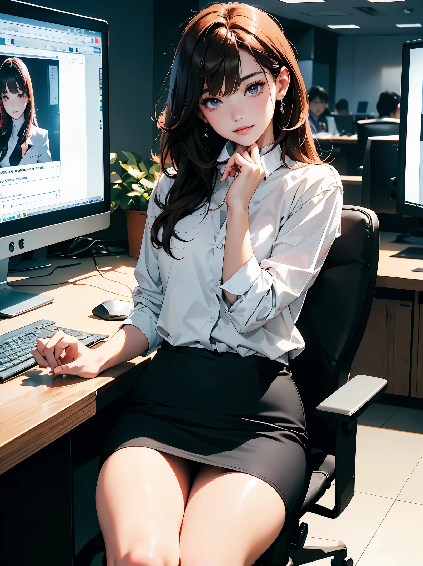 masterpiece、high resolution 8k、NSFW、sharp focus、contrast lighting、fine skin、pieces fly、 highest quality、ultra high resolution、ultra high resolution、Detailed CG、stock exchange、large office room、lots of big monitors、desk computer、transaction、document、stock、chart screen、Male office lady in horizontal focus、woman sitting on a chair、beautiful eyes、(detailed face and iace:1 2)、narrow eyes、almond eye、black eyes、Eye gradation eye highlight:1.2)、(bright reddish brown hair、middle、asymmetrical bangs)、(ID card、Blazers for office wear shortage、white cutter shirt、black pencil skirt、pumps)、(plump lips、gross、glossy lips、small chest size) 、(oval face : 1.4)、(thin fingered arms、detailed human hand)、smile half-open、teeth visible
