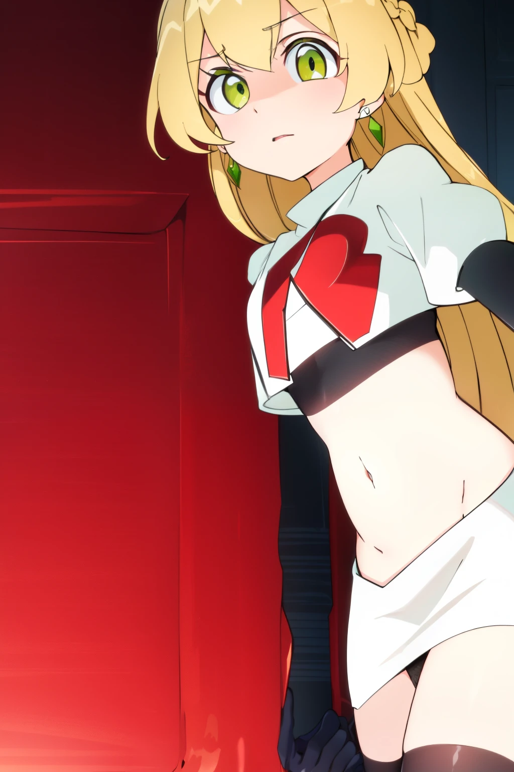 teleasterpiece), best quality,  earrings, jewelry, blonde hair, long hair, green eyes, 1girl, looking at viewer, solo, bangs, petite, team rocket,team rocket uniform,white skirt,red letter R,crop top,black thigh-highs,black elbow gloves,