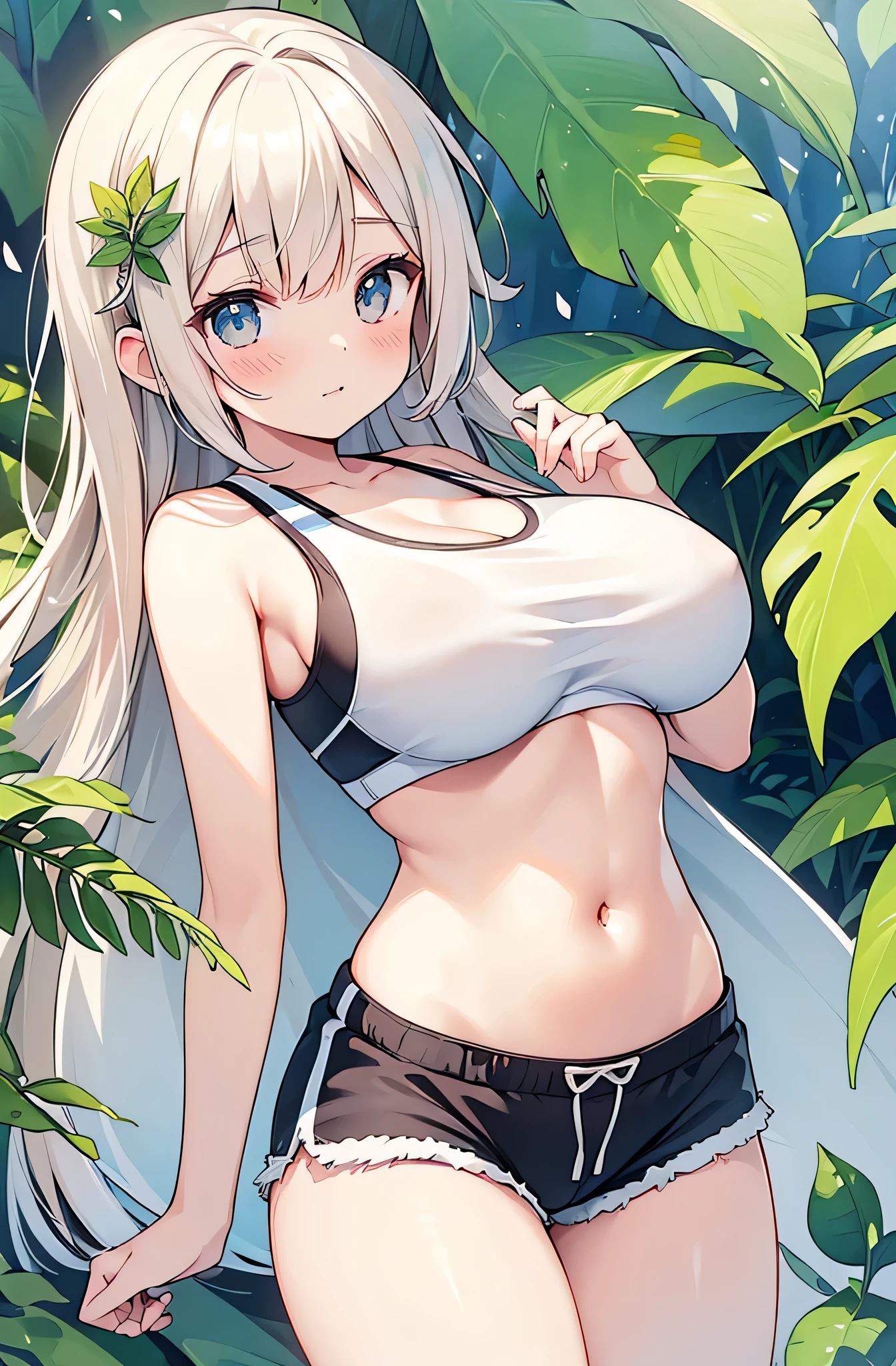 ((huge breasts)), beautiful breasts、(big breasts),Super detailed、#3b4195 background、beautiful flower、berry、far、leaf、calm color watercolor pattern、(watercolor texture)、(1 girl)、long hair、cute、 short petite pretty woman, 、 super detailed face、fine eyes, smooth skin,(((summer clothes、Navel exposed、shorts、play sports often)))、nice detailed chest、detailed pussy