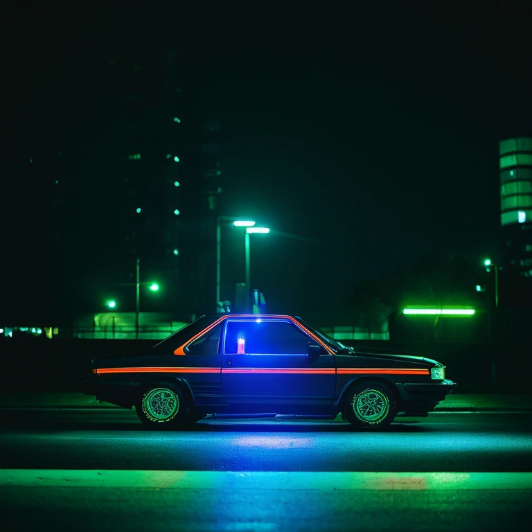 80’ Toyota corolla,low down wide body, Blue LED strip illuminates the entire car body line。, night city background, motion blur, Close-up of a car with glowing blue stripes on the hood, tron, Shining neon bra, cyan headlights, black and cyan color scheme, futuristic neon, cyan lightning, black neon light, teal neon light, colors of tron legacy, stylized neon, dark neon lighting, light cyan, neon dark lighting, neon noir background,80’ corolla