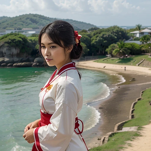 Life-sized Okinawan Ryukyu beauty、wearing traditional folk costumes、Please generate with a spectacular view in the background.
