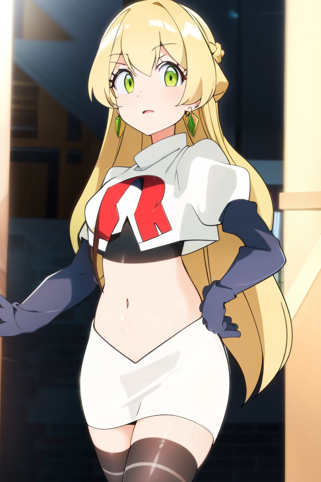 teleasterpiece), best quality,  earrings, jewelry, blonde hair, long hair, green eyes, 1girl, looking at viewer, solo, bangs, petite, team rocket,team rocket uniform,white skirt,red letter R,crop top,black thigh-highs,black elbow gloves,