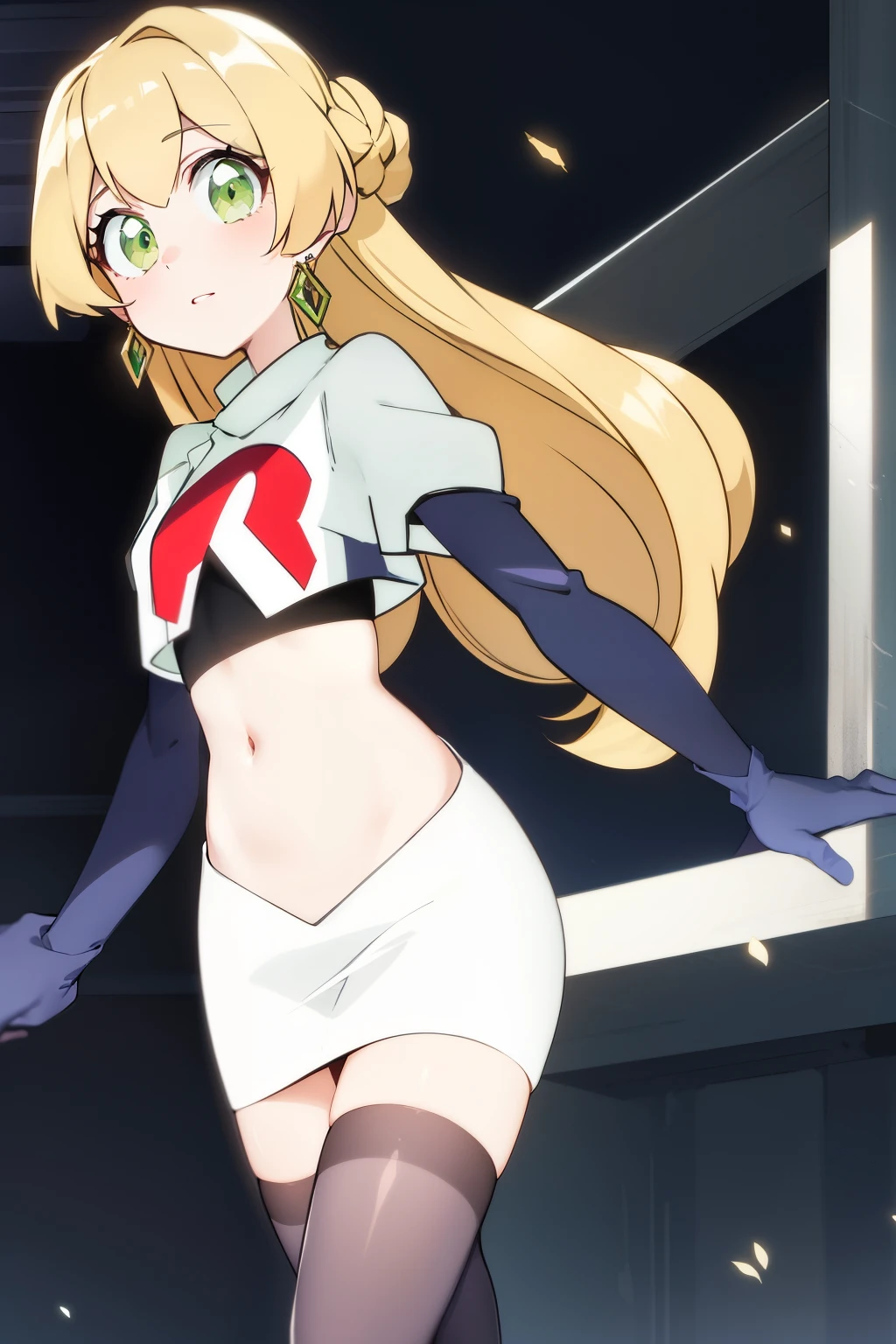 teleasterpiece), best quality,  earrings, jewelry, blonde hair, long hair, green eyes, 1girl, looking at viewer, solo, bangs, petite, team rocket,team rocket uniform,white skirt,red letter R,crop top,black thigh-highs,black elbow gloves,