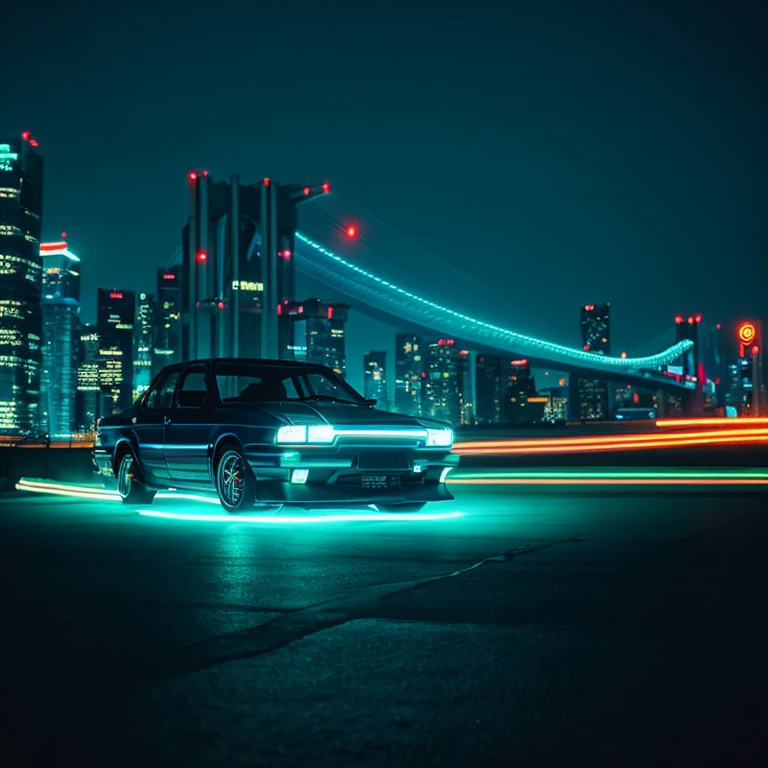 80’ Toyota corolla,low down wide body, Blue LED strip illuminates the entire car body line。, night city background, motion blur, Close-up of a car with glowing blue stripes on the hood, tron, Shining neon bra, cyan headlights, black and cyan color scheme, futuristic neon, cyan lightning, black neon light, teal neon light, colors of tron legacy, stylized neon, dark neon lighting, light cyan, neon dark lighting, neon noir background,80’ corolla