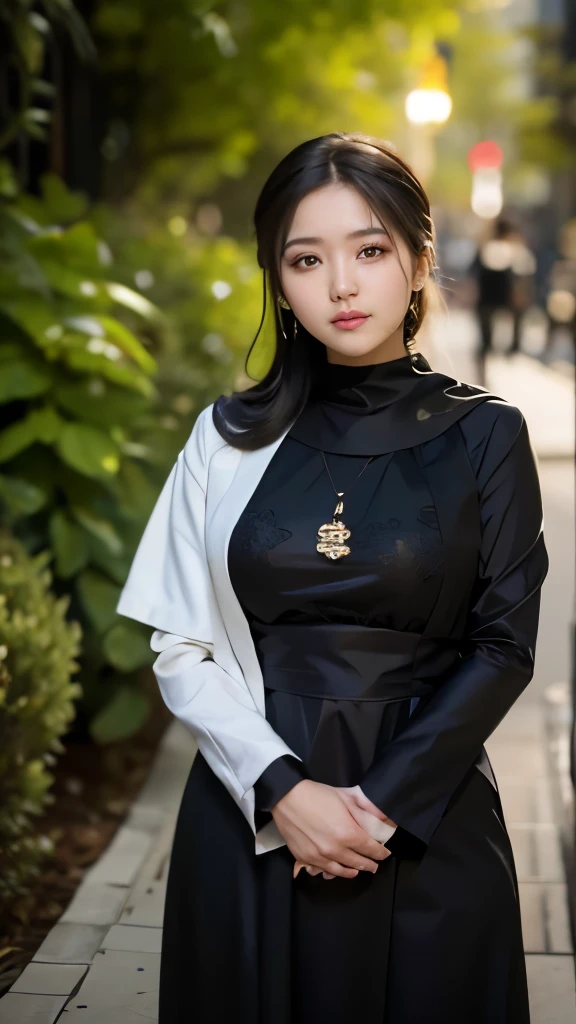 there a woman in a black dress posing for a picture, mid shot portrait, portrait shot, close up portrait shot, closeup portrait shot, taken with canon eos 5 d mark iv, inspired by Nazmi Ziya Güran, taken with canon 5d mk4, a young asian woman, wearing black robe, she wearing a black dress, nun fashion model, big boobs, big tits