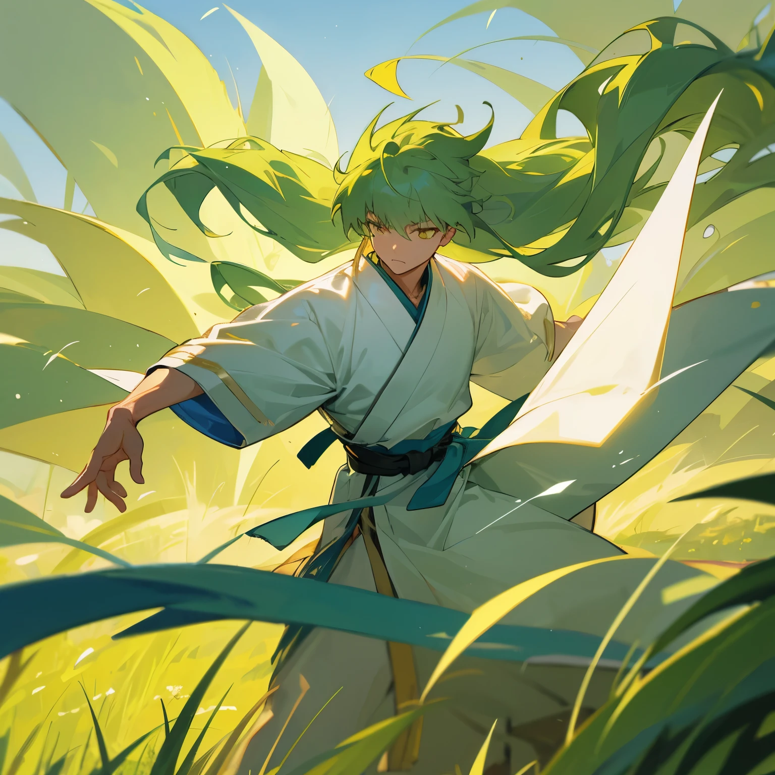 Light Green Hair , Golden Eyes , White Robes , Blue Sash belt , martial arts clothing, Long Hair , Wavy Hair , Muscular , Sunny Grassy Planes background , Adult Male , Gon Hair , Old male 