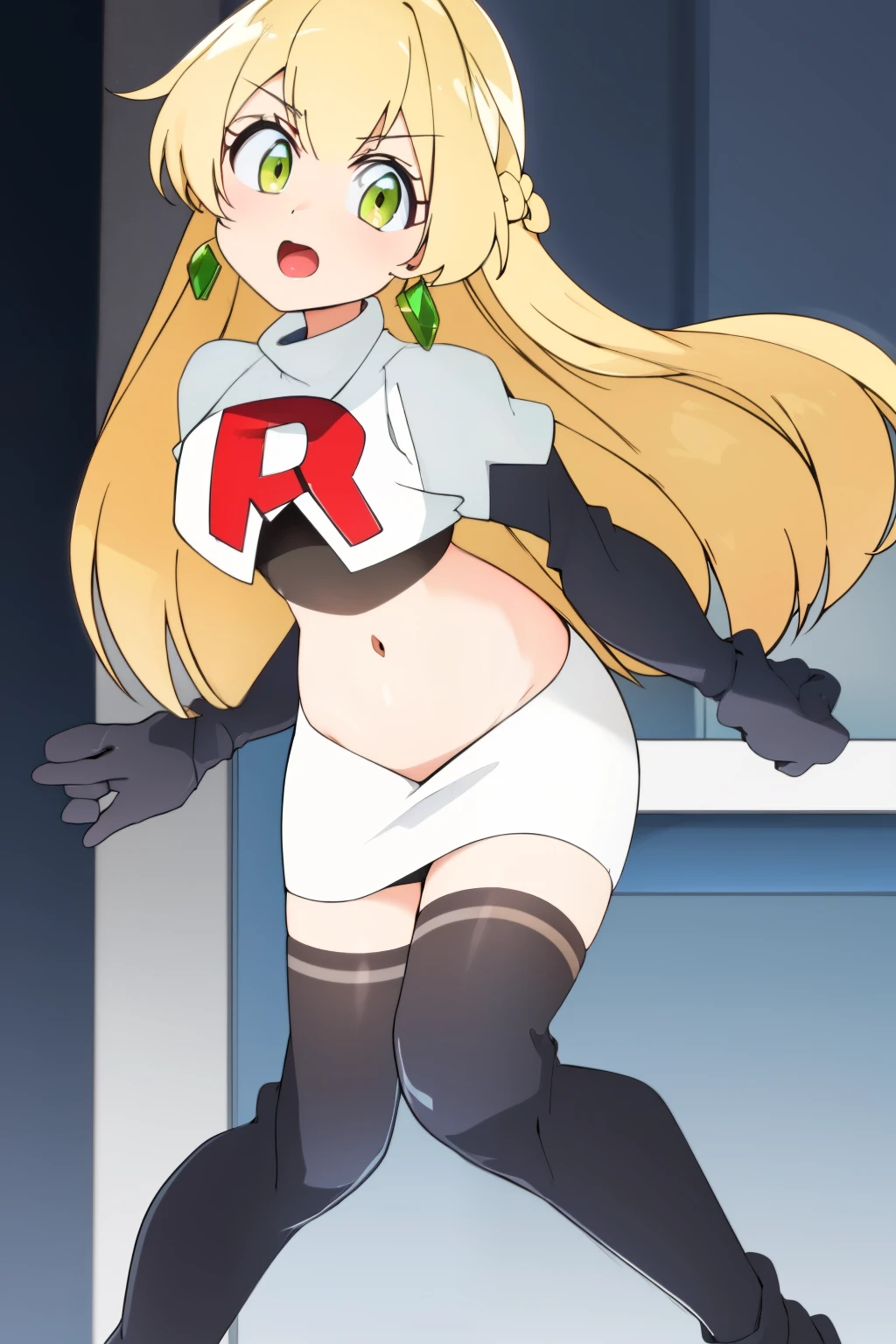 teleasterpiece), best quality,  earrings, jewelry, blonde hair, long hair, green eyes, 1girl, looking at viewer, solo, bangs, petite, team rocket,team rocket uniform,white skirt,red letter R,crop top,black thigh-highs,black elbow gloves,