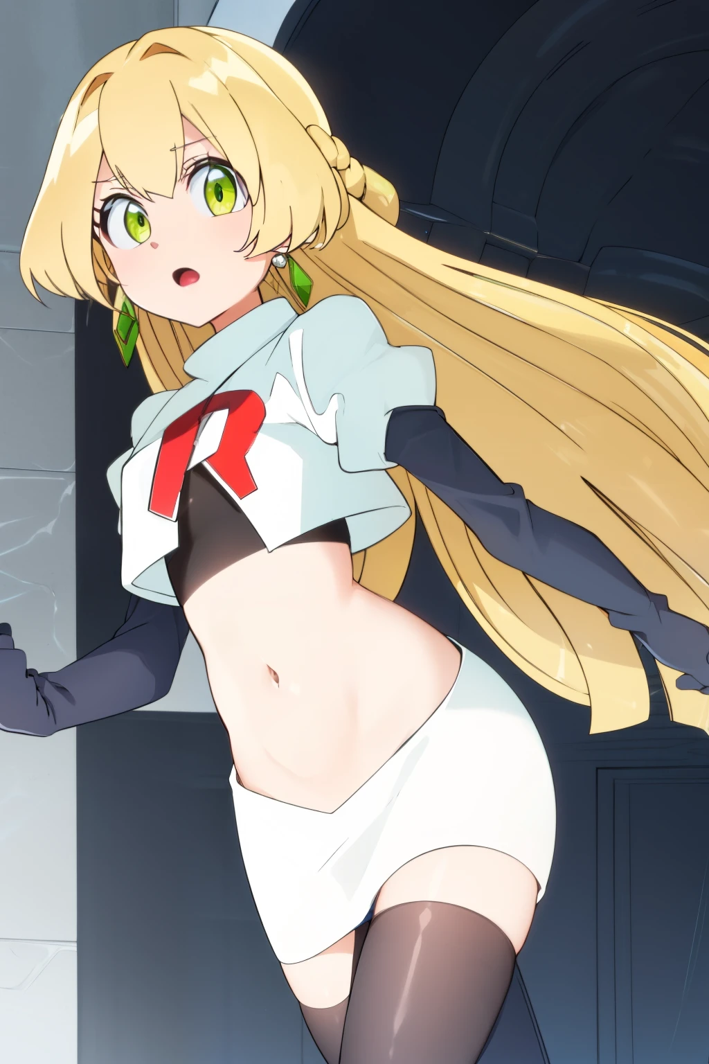 teleasterpiece), best quality,  earrings, jewelry, blonde hair, long hair, green eyes, 1girl, looking at viewer, solo, bangs, petite, team rocket,team rocket uniform,white skirt,red letter R,crop top,black thigh-highs,black elbow gloves,